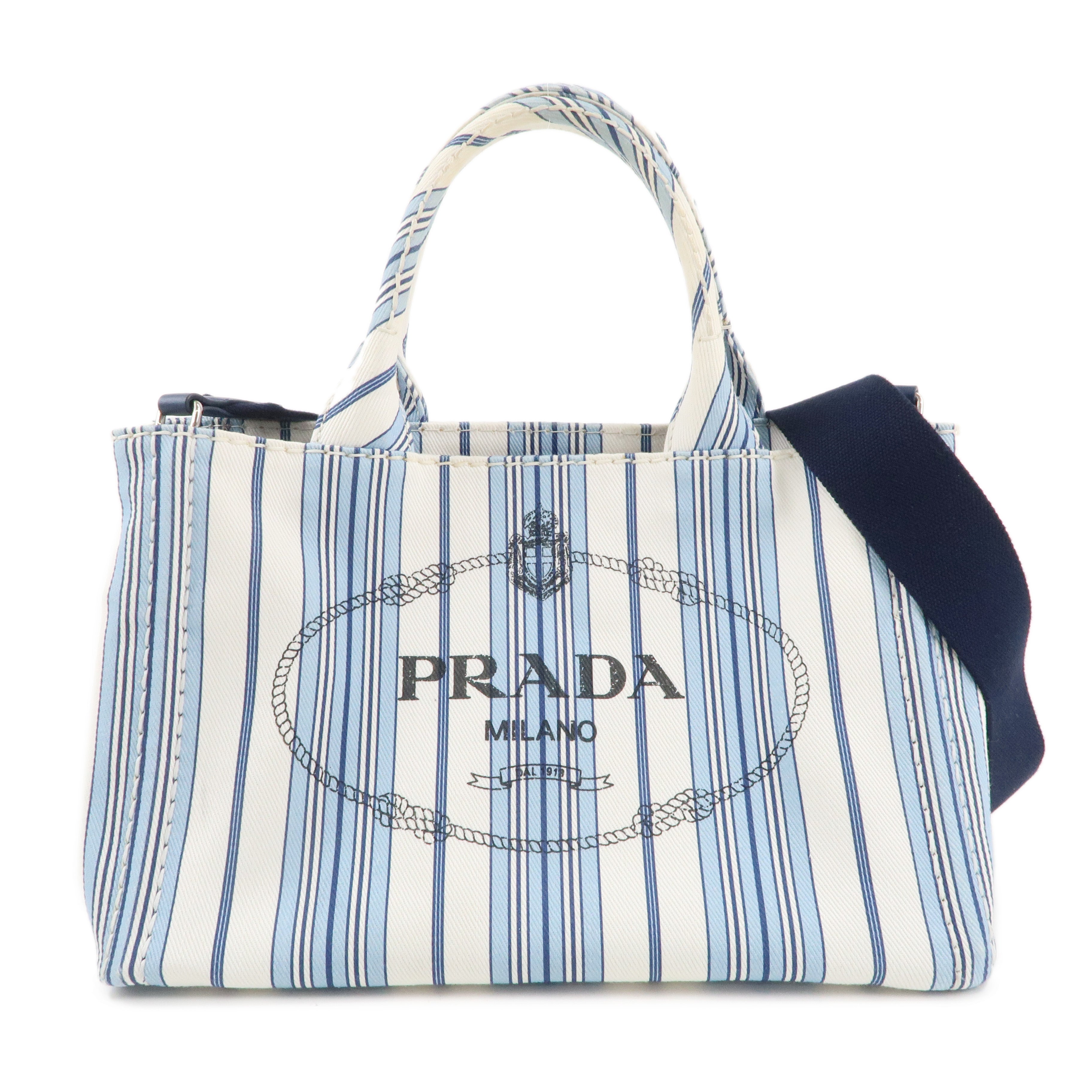 PRADA Canapa Canvas Mini Stripe 2Way Bag Hand Bag White Blue