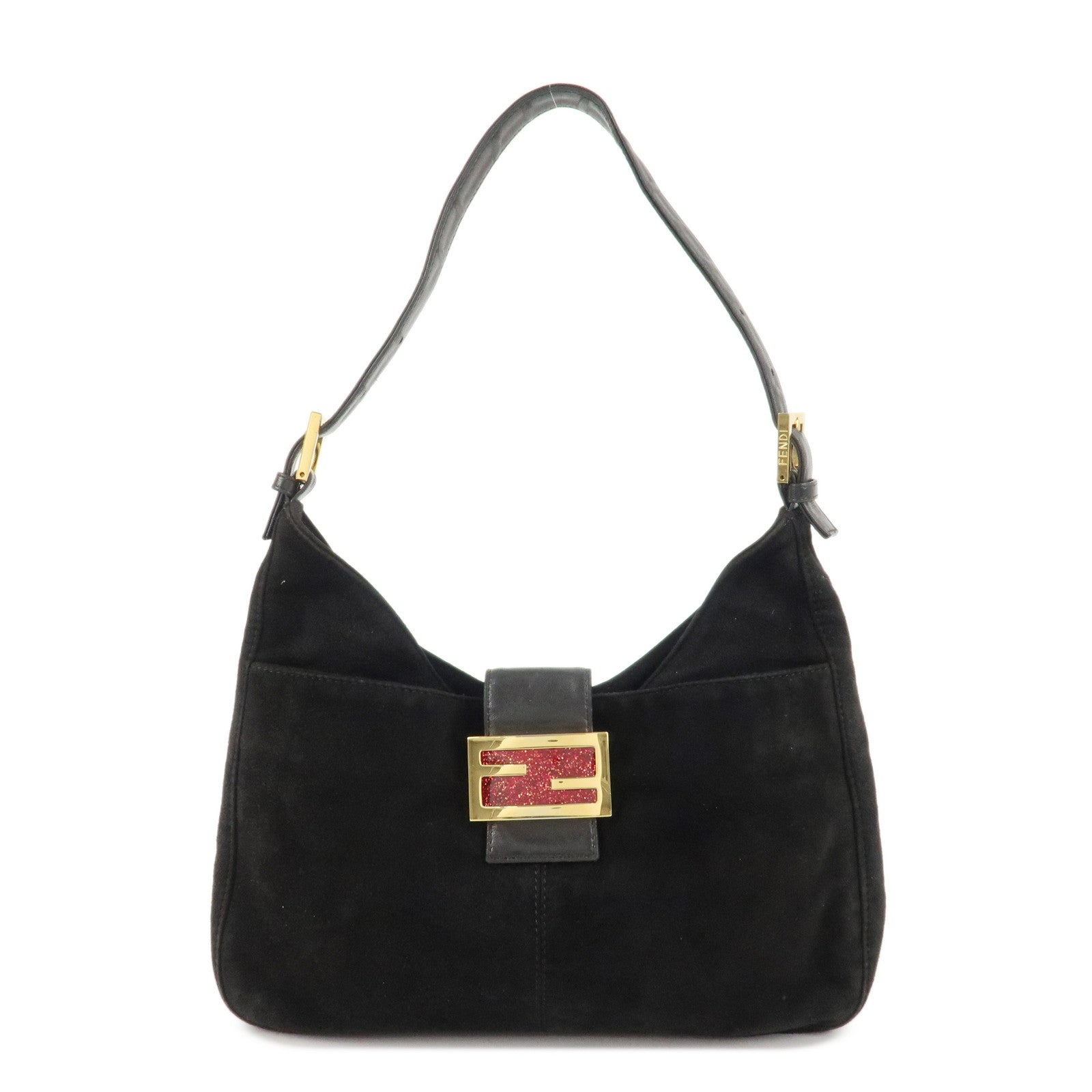 FENDI-Suede-Leather-Shoulder-Bag-Black-26569