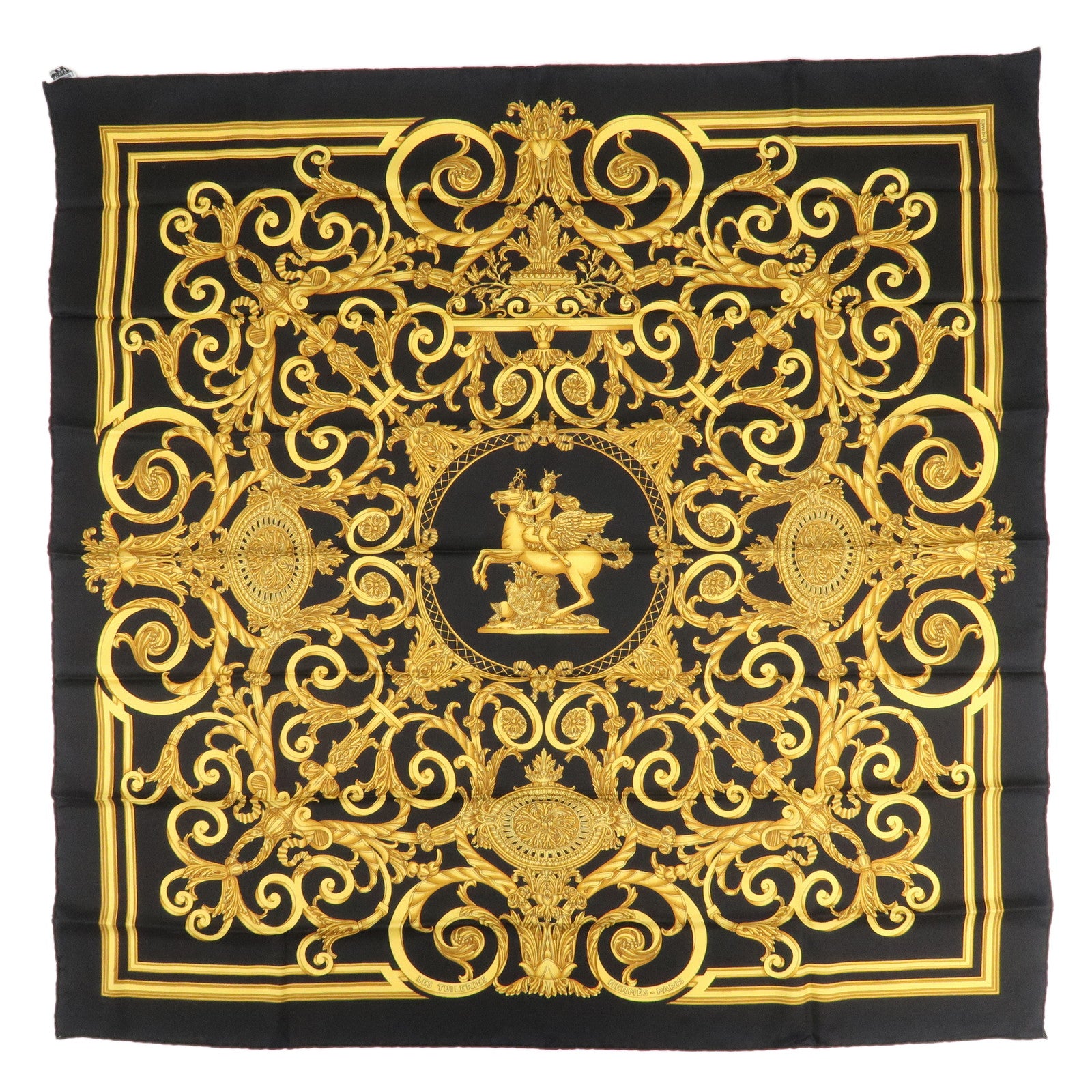 HERMES-Silk-100%-Carre-90-Scarf-LES-TUILERIES-Black-Gold