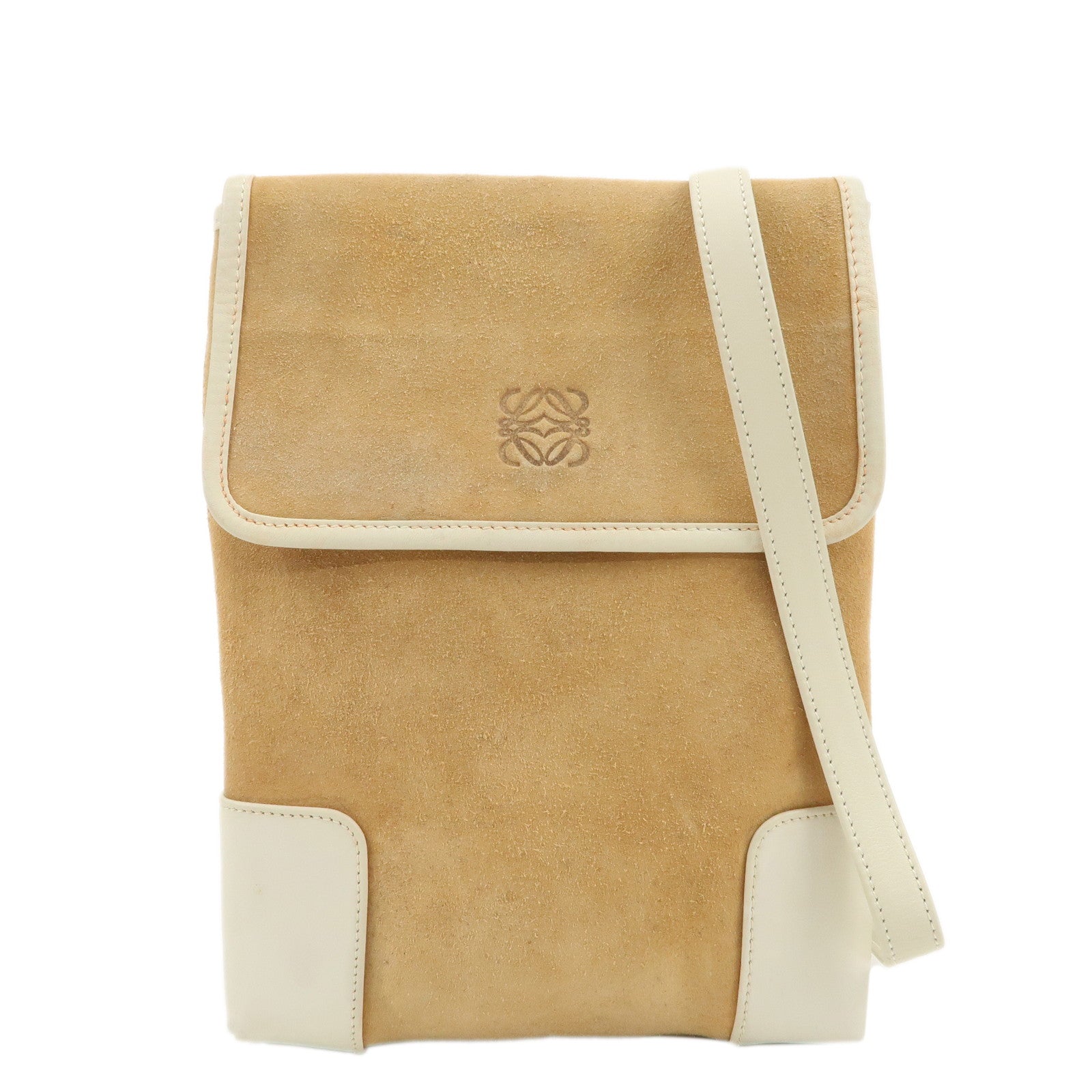 LOEWE-Anagram-Suede-Leather-Shoulder-Bag-Beige-Ivory