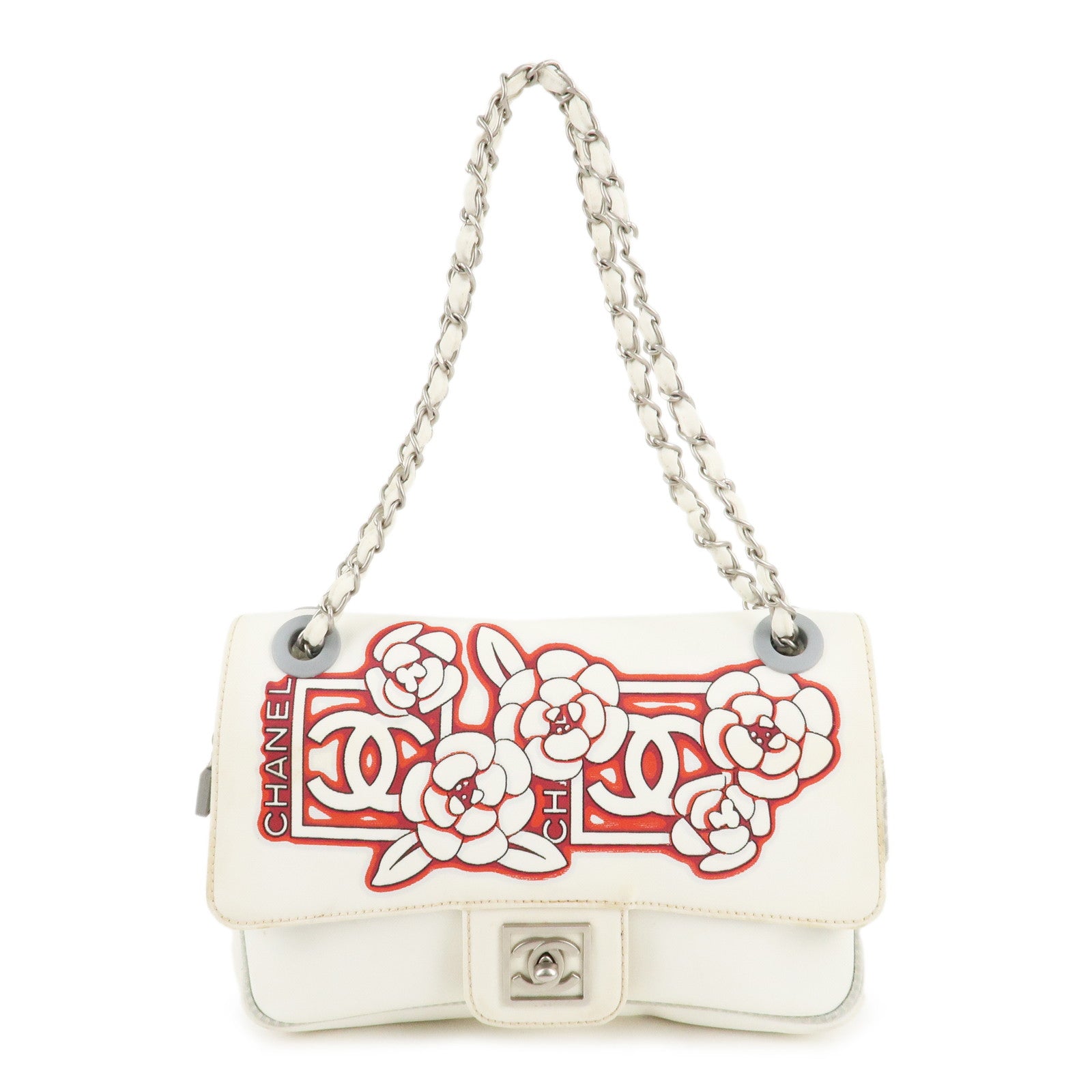 CHANEL-Sport-Line-Nylon-Camelia-Chain-Shoulder-Bag-White-Red