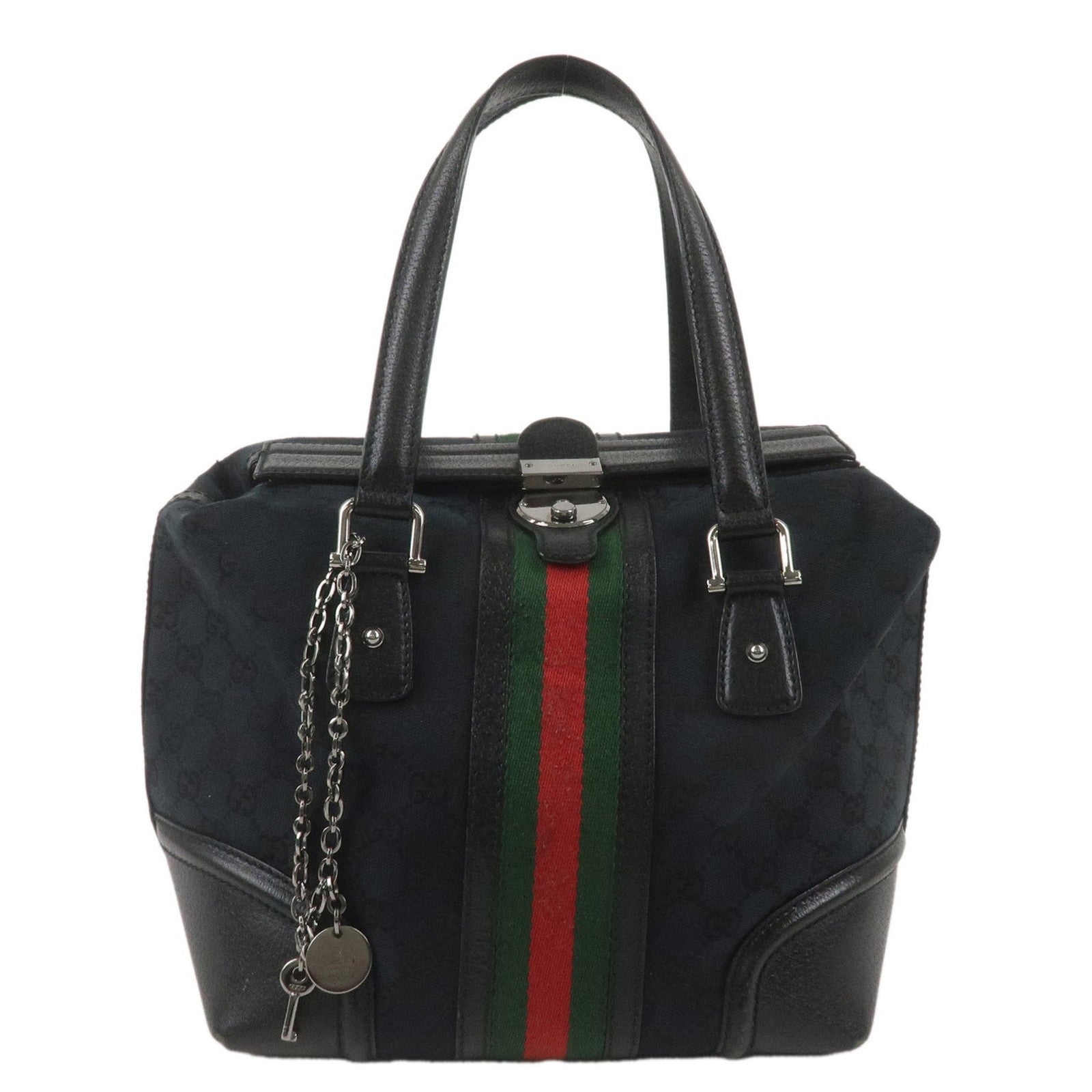 GUCCI-Sherry-GG-Canvas-Leather-Handbag-Black-146002