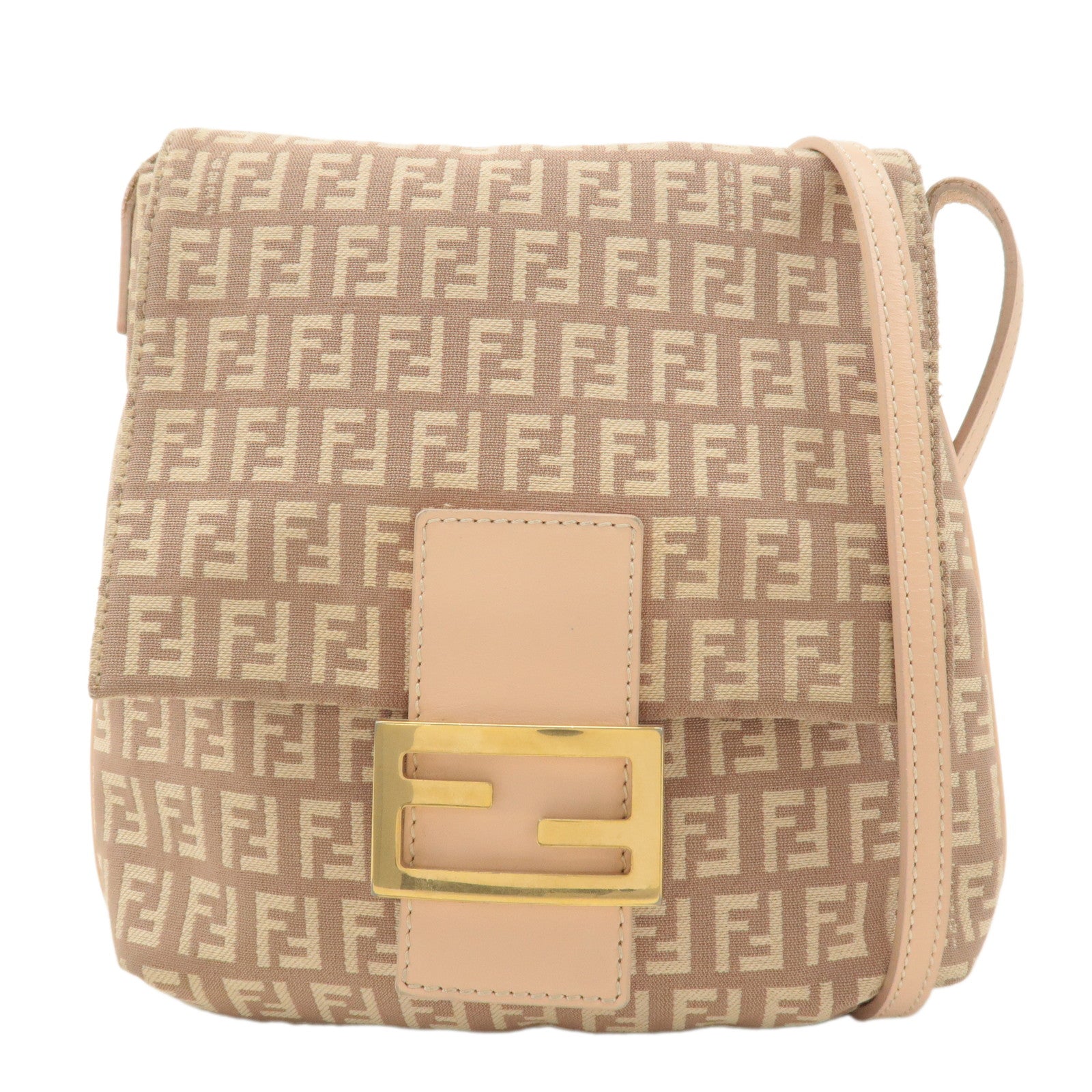 FENDI Zucchino Canvas Leather Shoulder Bag Pink Beige 8BT075