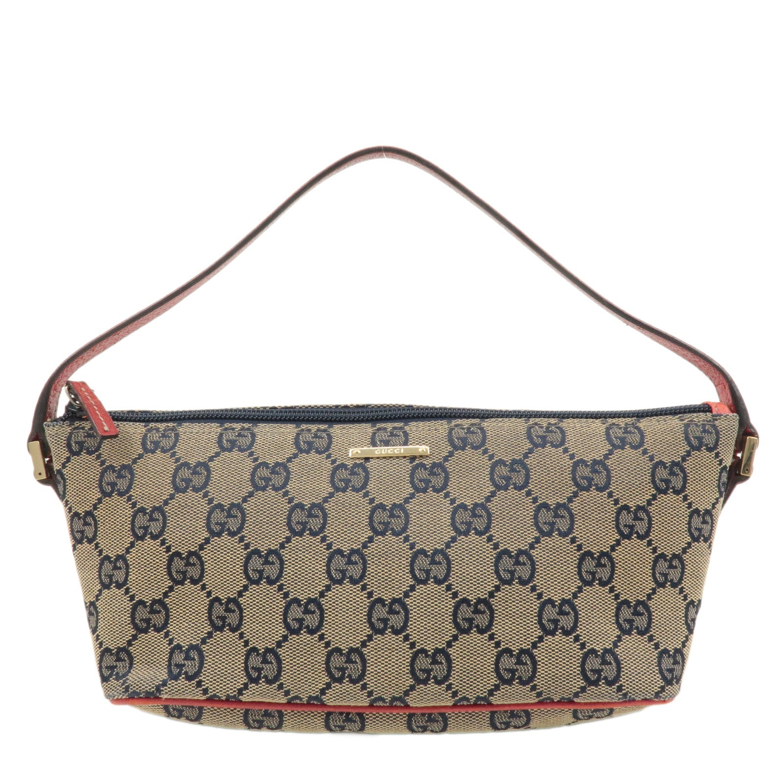 GUCCI Boat Bag GG Canvas Leather Bag Pouch Beige Navy Red 7198