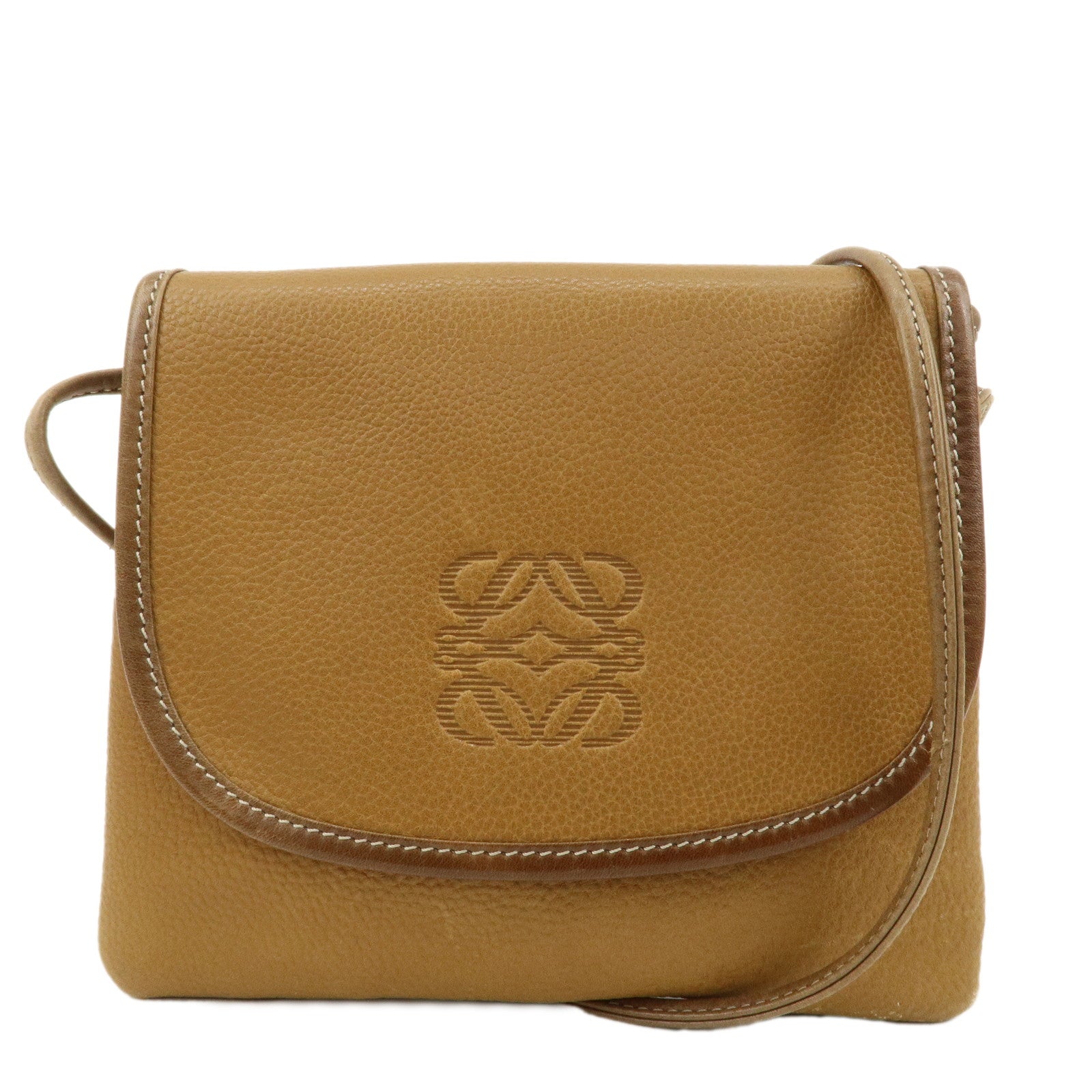 LOEWE-Anagram-Leather-Shoulder-Bag-Hand-Bag-Gold-HDW-Brown