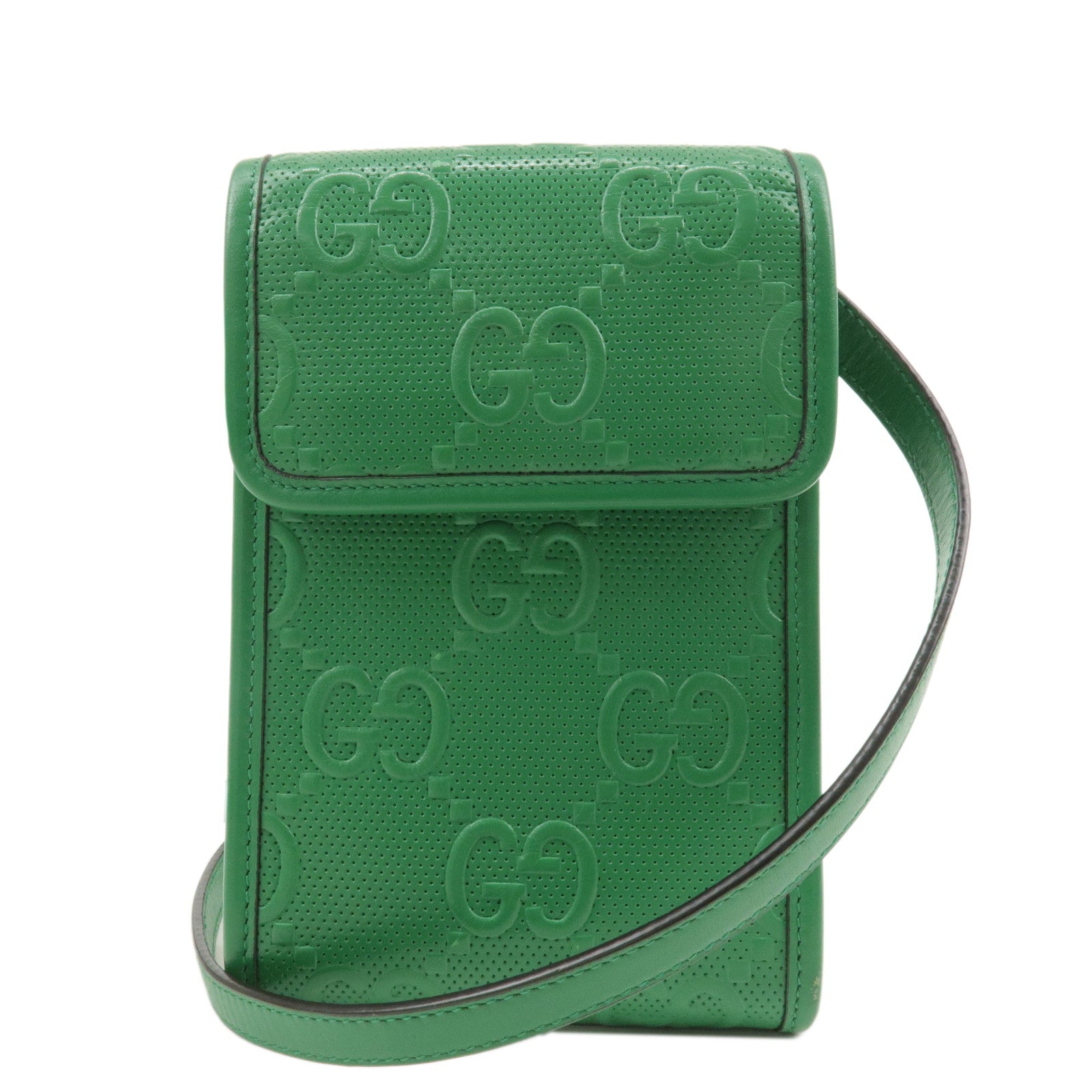 GUCCI-GG-Embossed-Leather-Shoulder-Bag-Green-625571