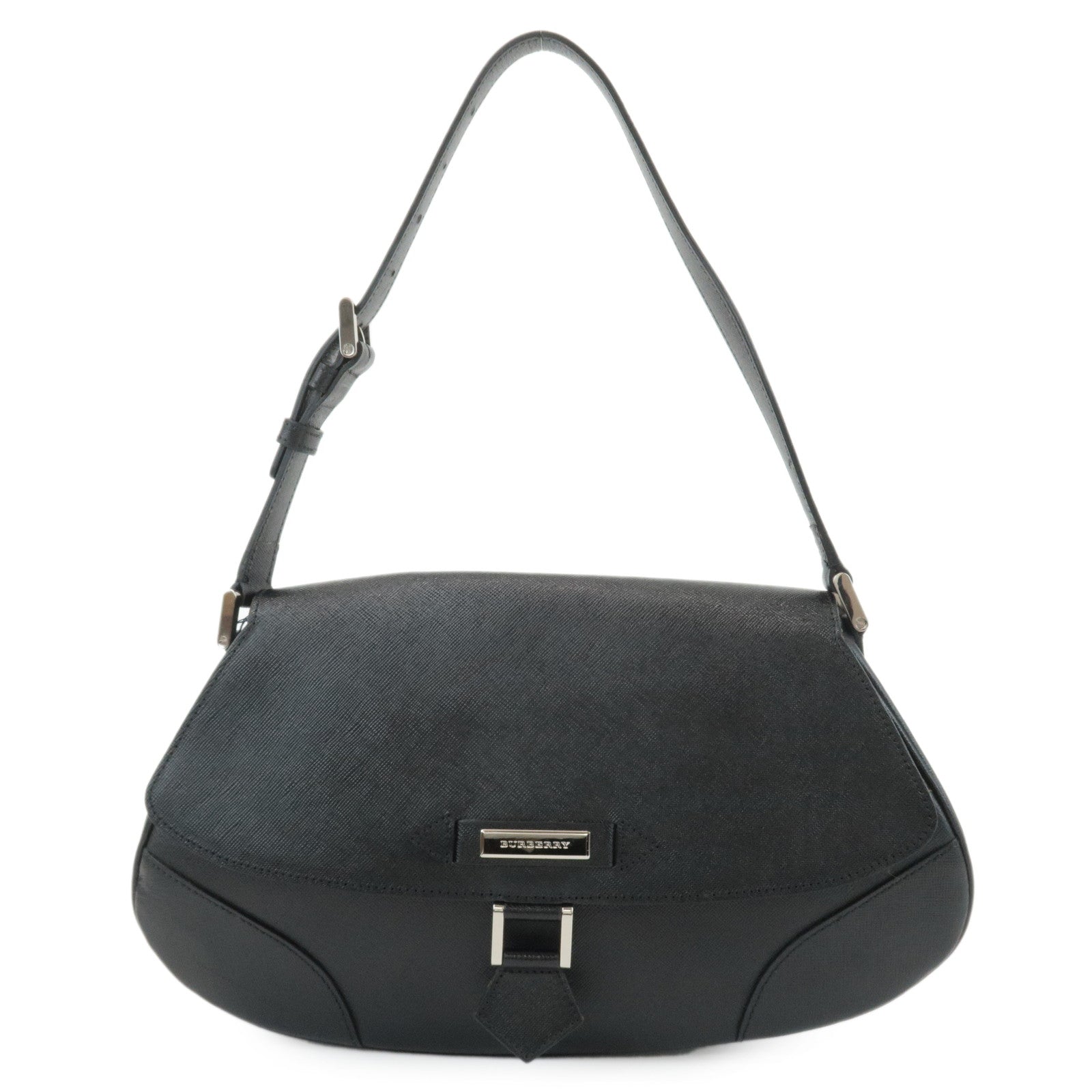 BURBERRY-Leather-Shoulder-Bag-Hand-Bag-Black-Silver-Hardware