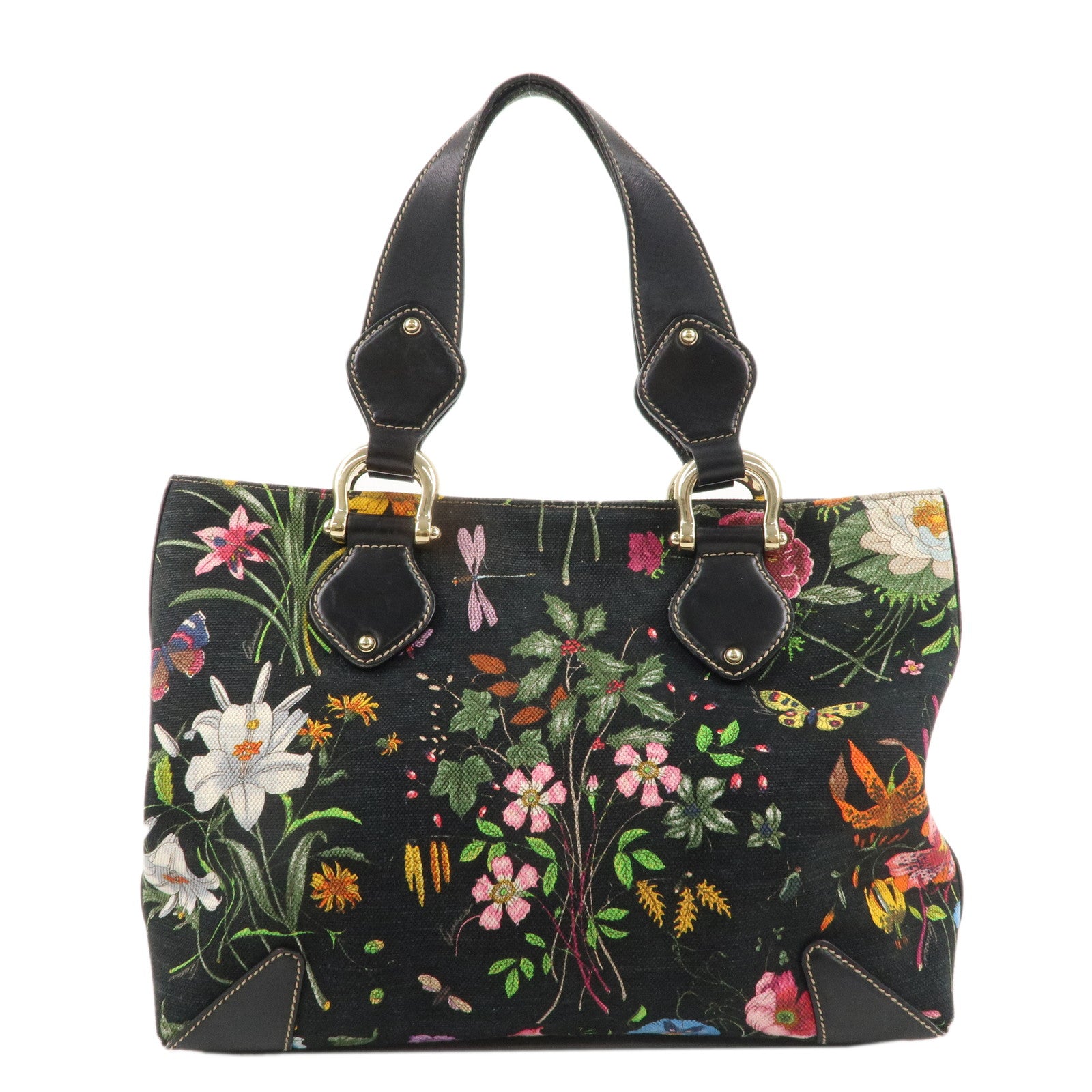 GUCCI-Flora-Canvas-Leather-Tote-Bag-Hand-Bag-Black-153024