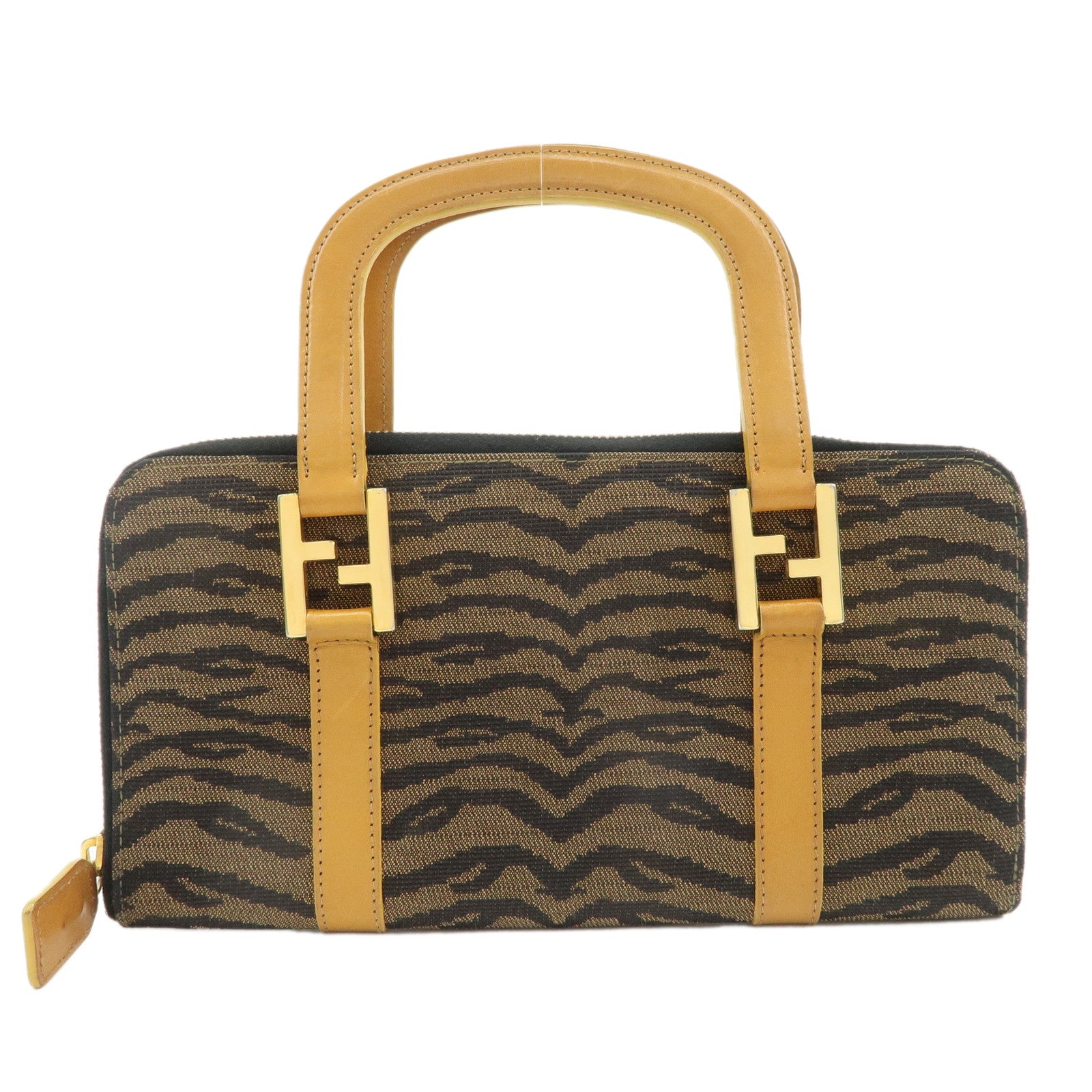 FENDI-Canvas-Leather-Angora-Hand-Bag-Zebra-Brown-Black-26347