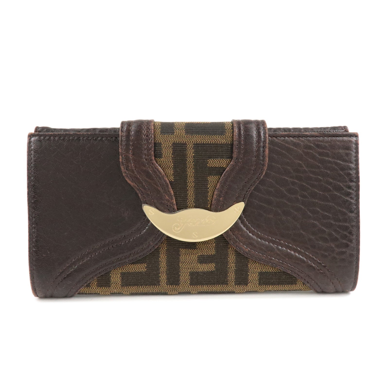 FENDI-Zucca-Canvas-Leather-W-Hook-Bifold-Long-Wallet-8N0032