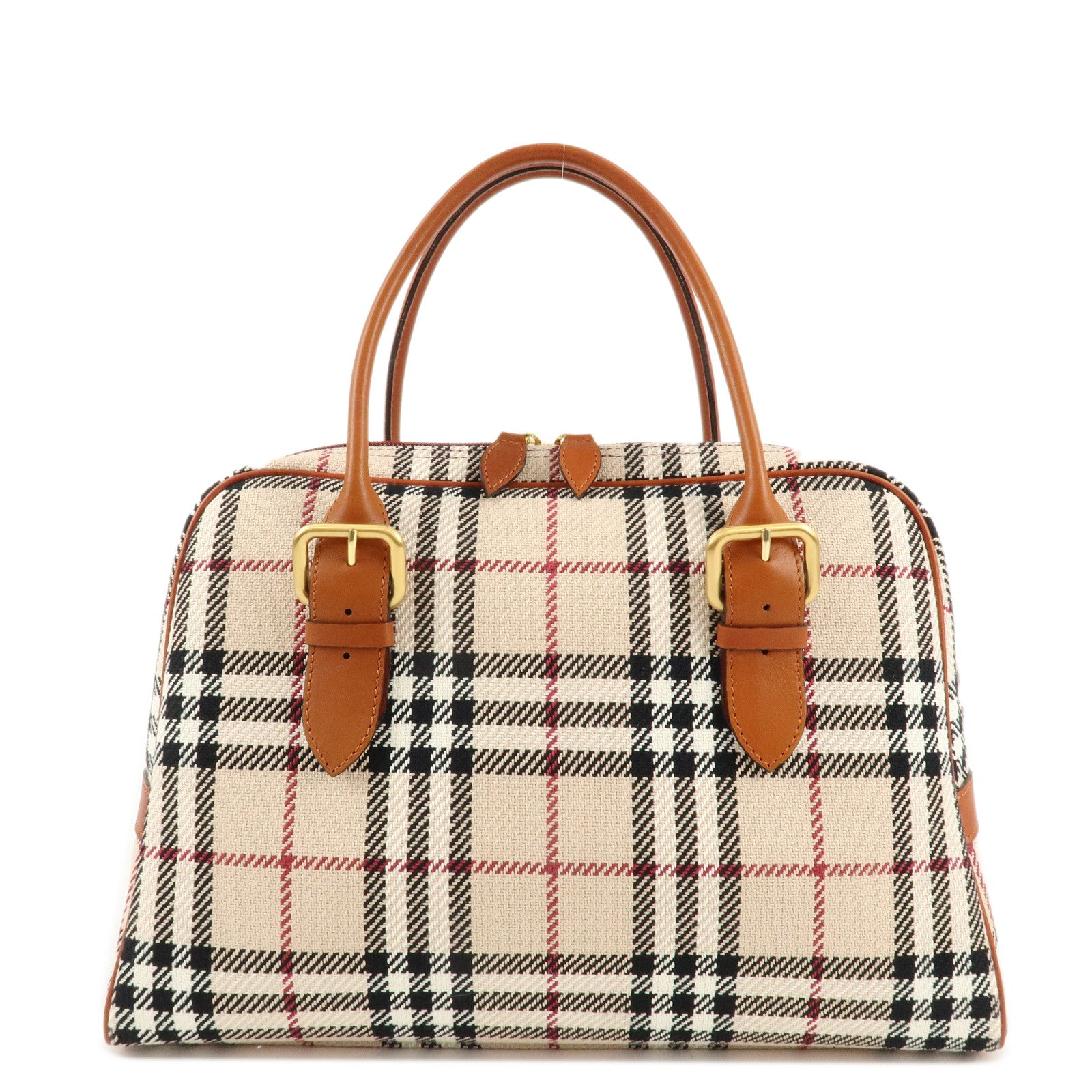 BURBERRY-Leather-Hand-Bag-Boston-Bag-Nova-Plaid-Brown