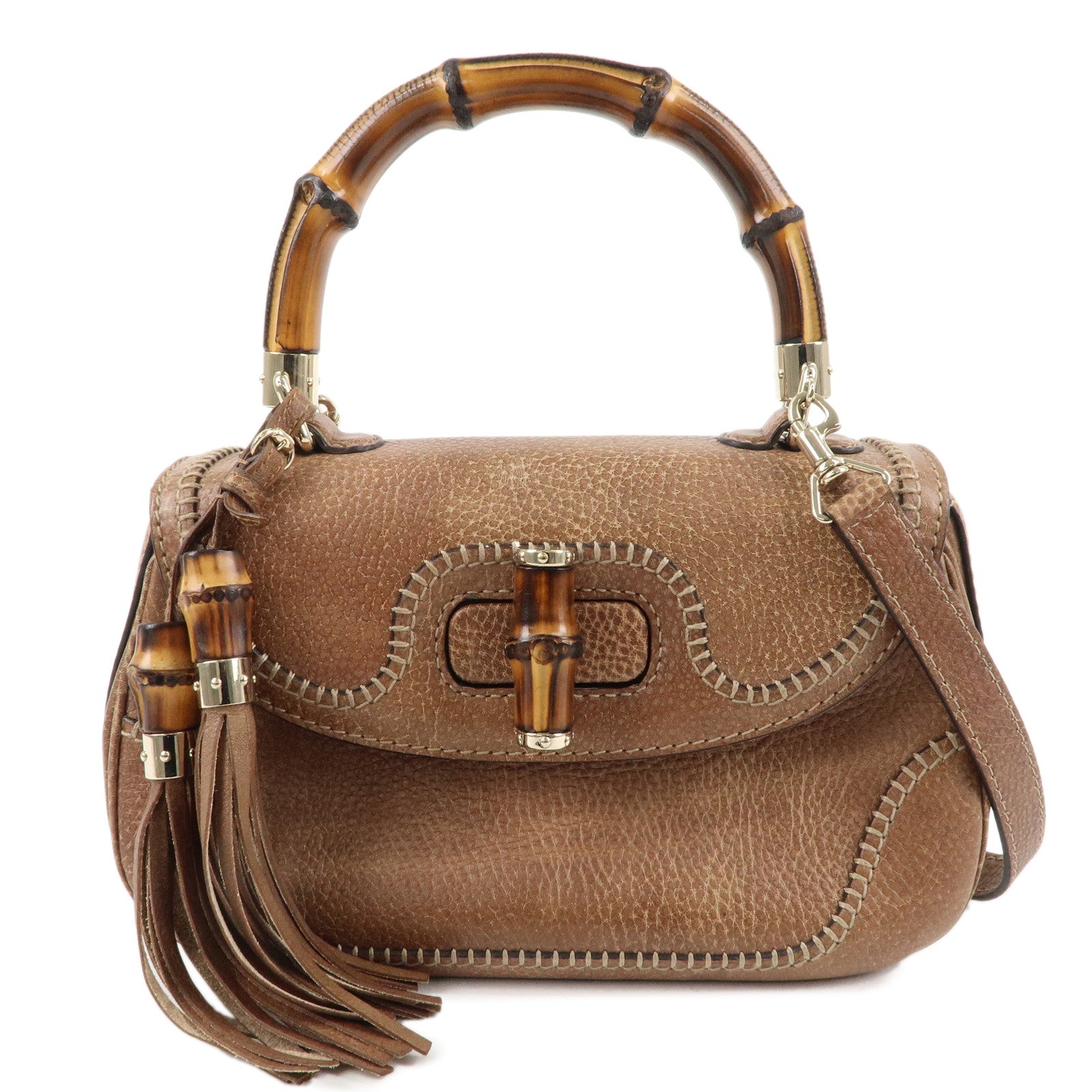 GUCCI New Bamboo Leather 2WAY Bag Hand Bag Light Brown 224964