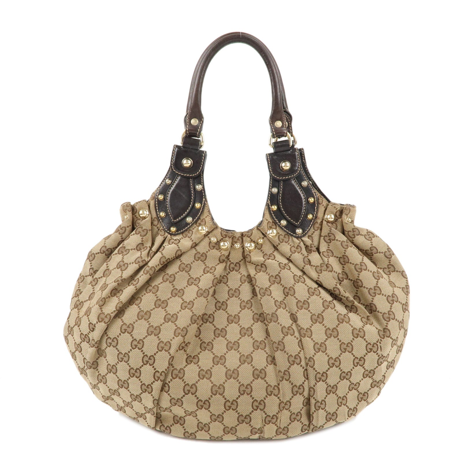 GUCCI-GG-Canvas-Leather-Studs-Shoulder-Bag-Beige-Brown-203624