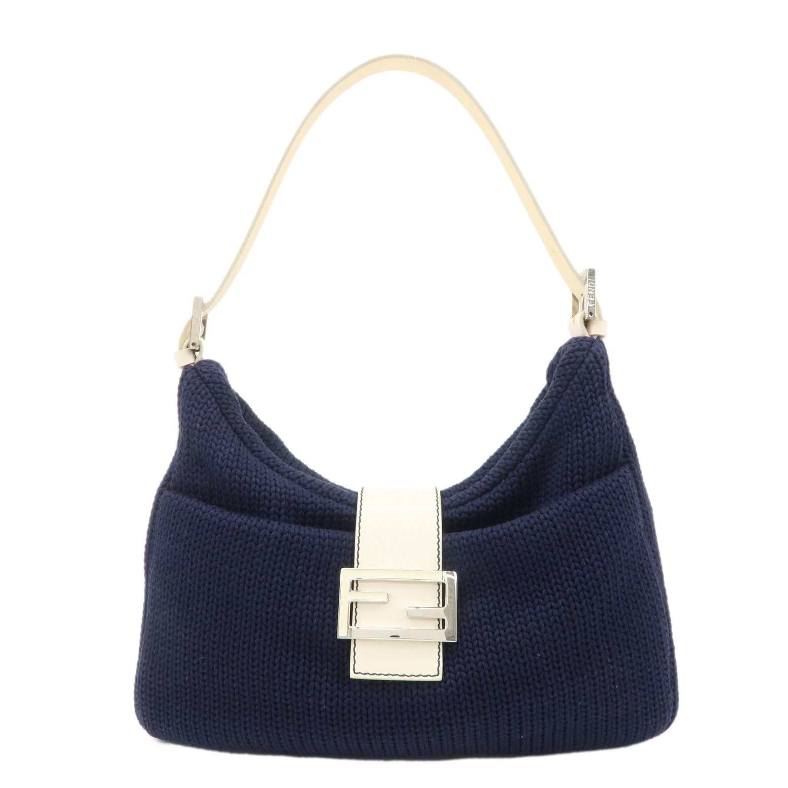 FENDI-Wool-Leather-Shoulder-Bag-Navy-White-26569