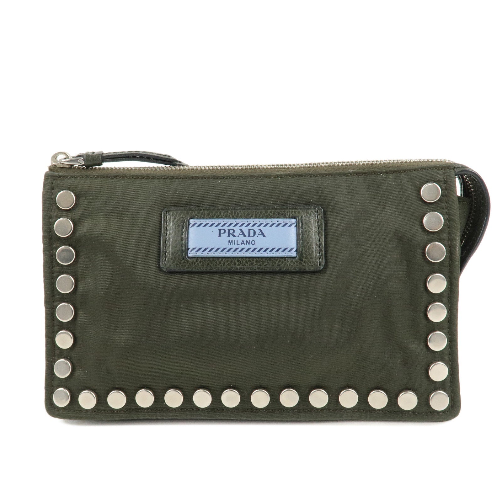 PRADA-Tessuto-Travel-Pouch-Studs-Military-Silver-HDW