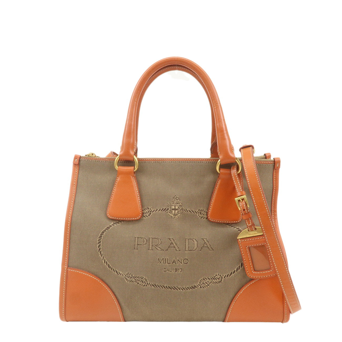 PRADA-Logo-Jacquard-Leather-2Way-Shoulder-Hand-Bag-Orange-WS7329