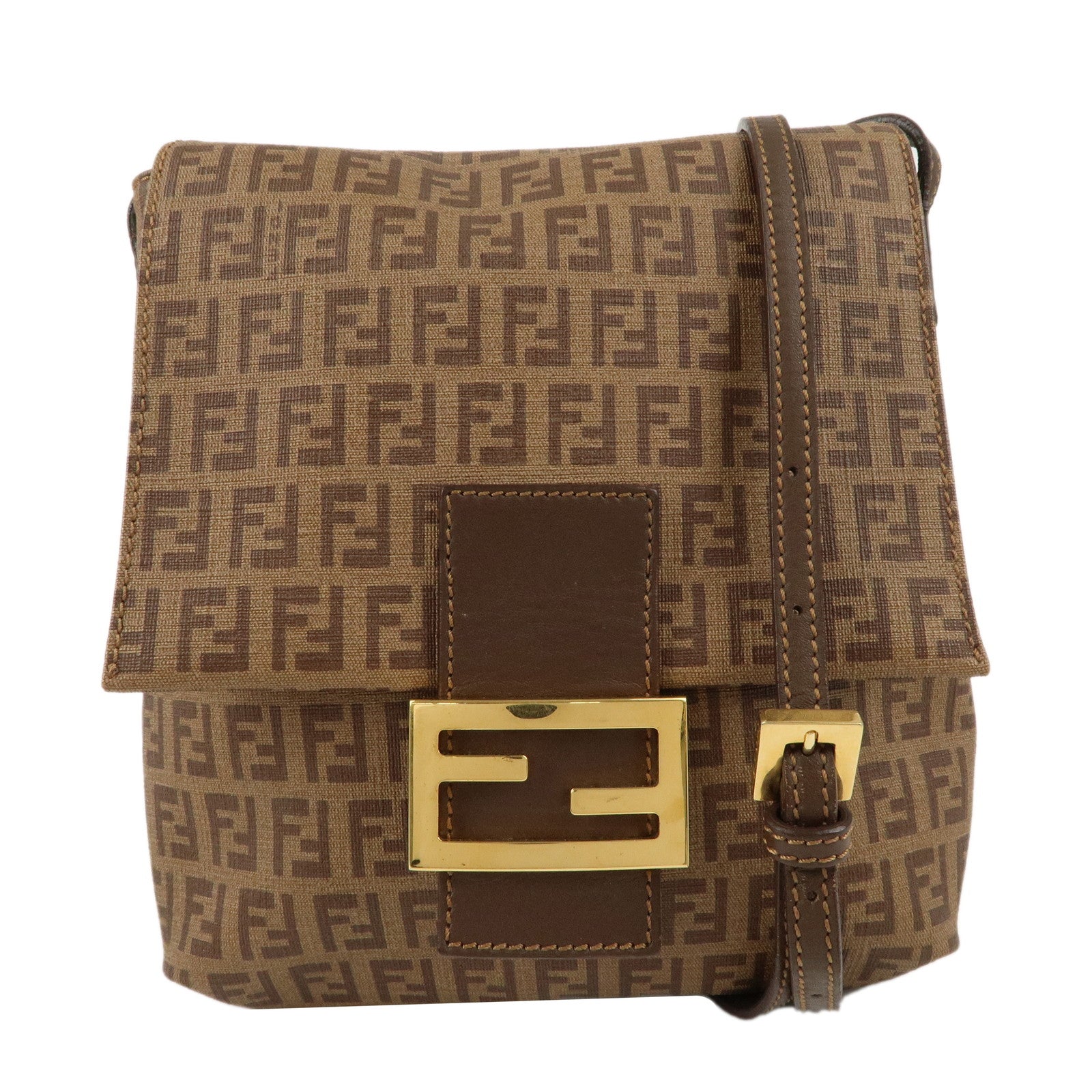 FENDI-Zucchino-Canvas-Leather-Shoulder-Bag-Beige-Brown-8BT075