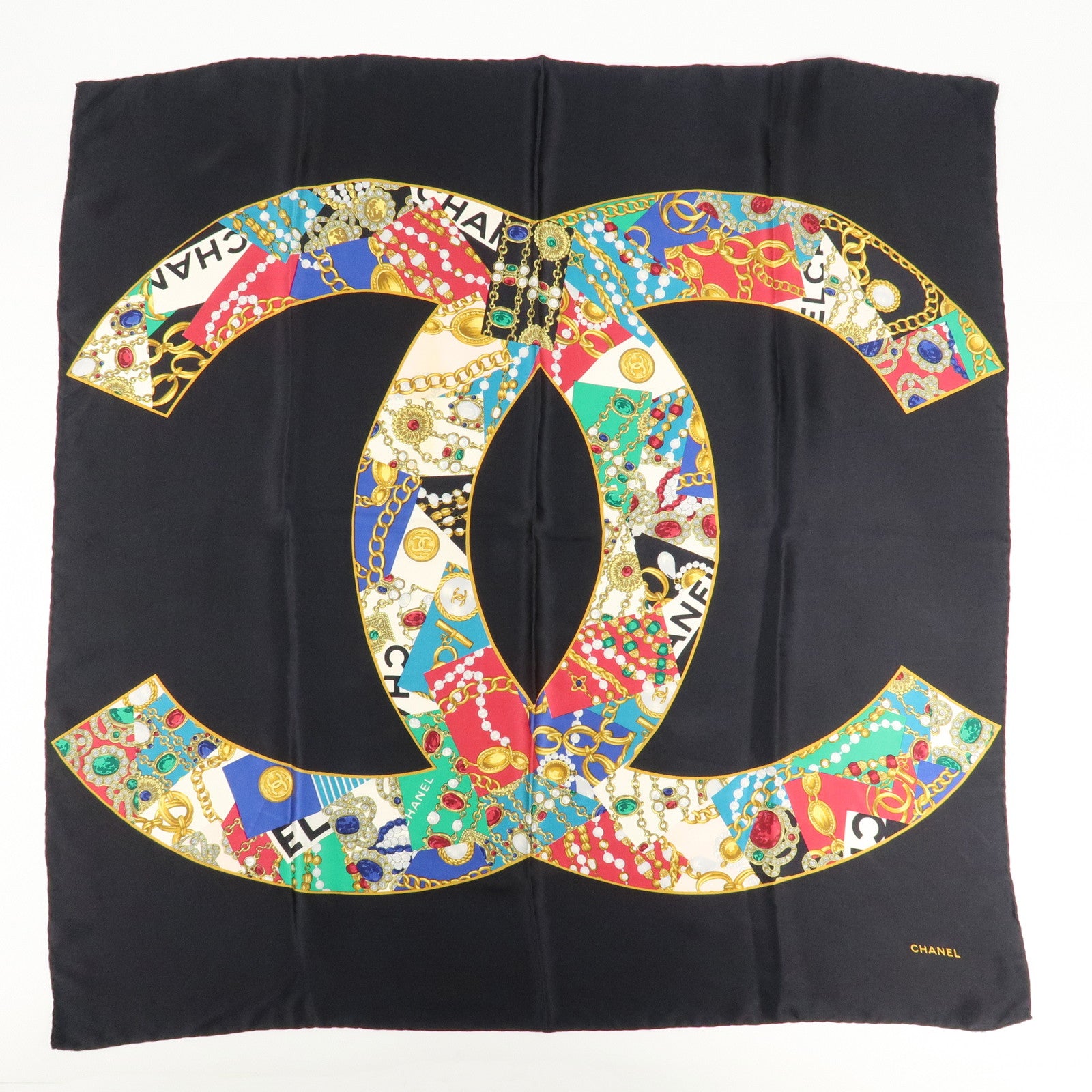 CHANEL-Silk-100-%-Scarf-COCO-Mark-Black-Multicolor