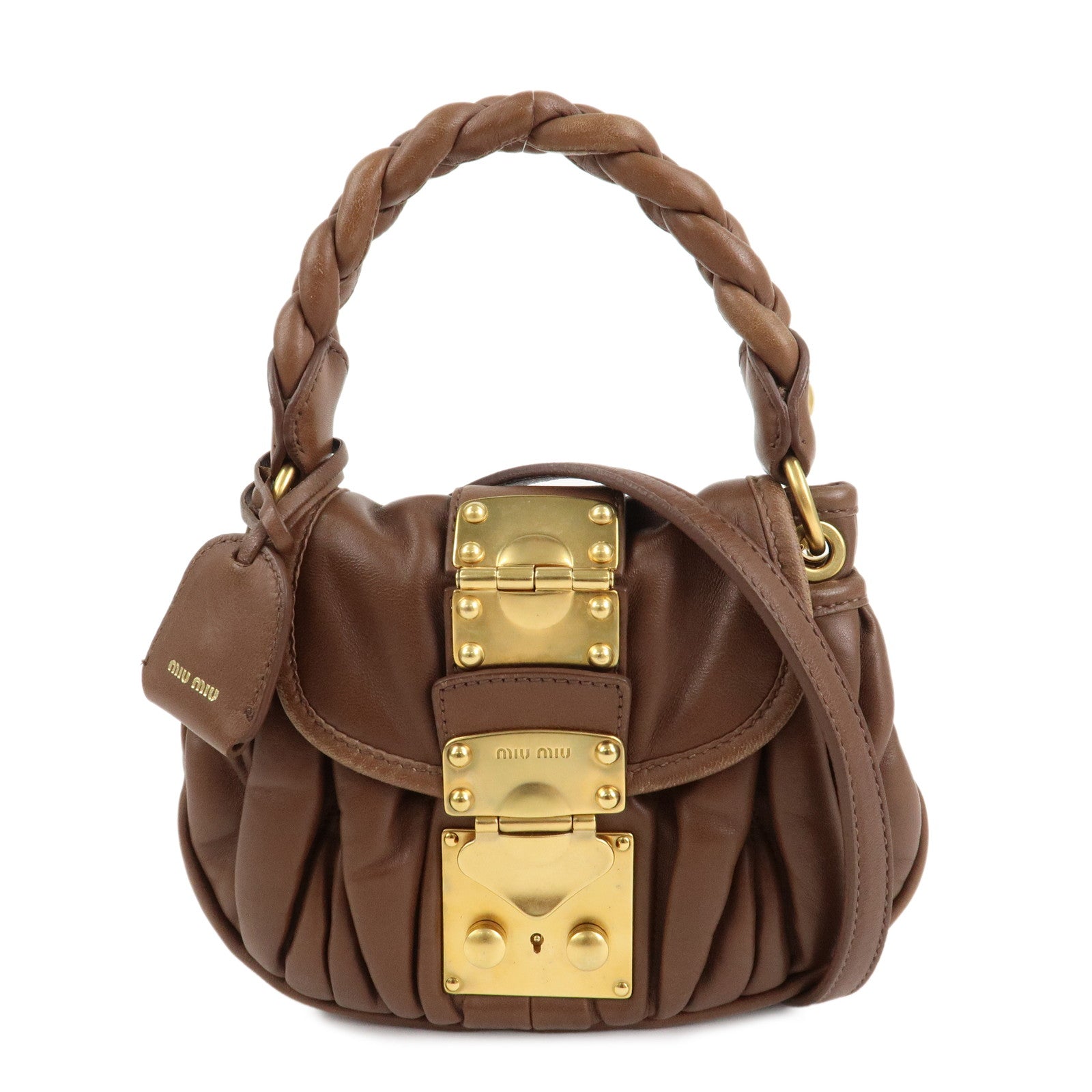 MIU-MIU-Matelasse-Leather-2WAY-Bag-Shoulder-Bag-Hand-Bag-Brown