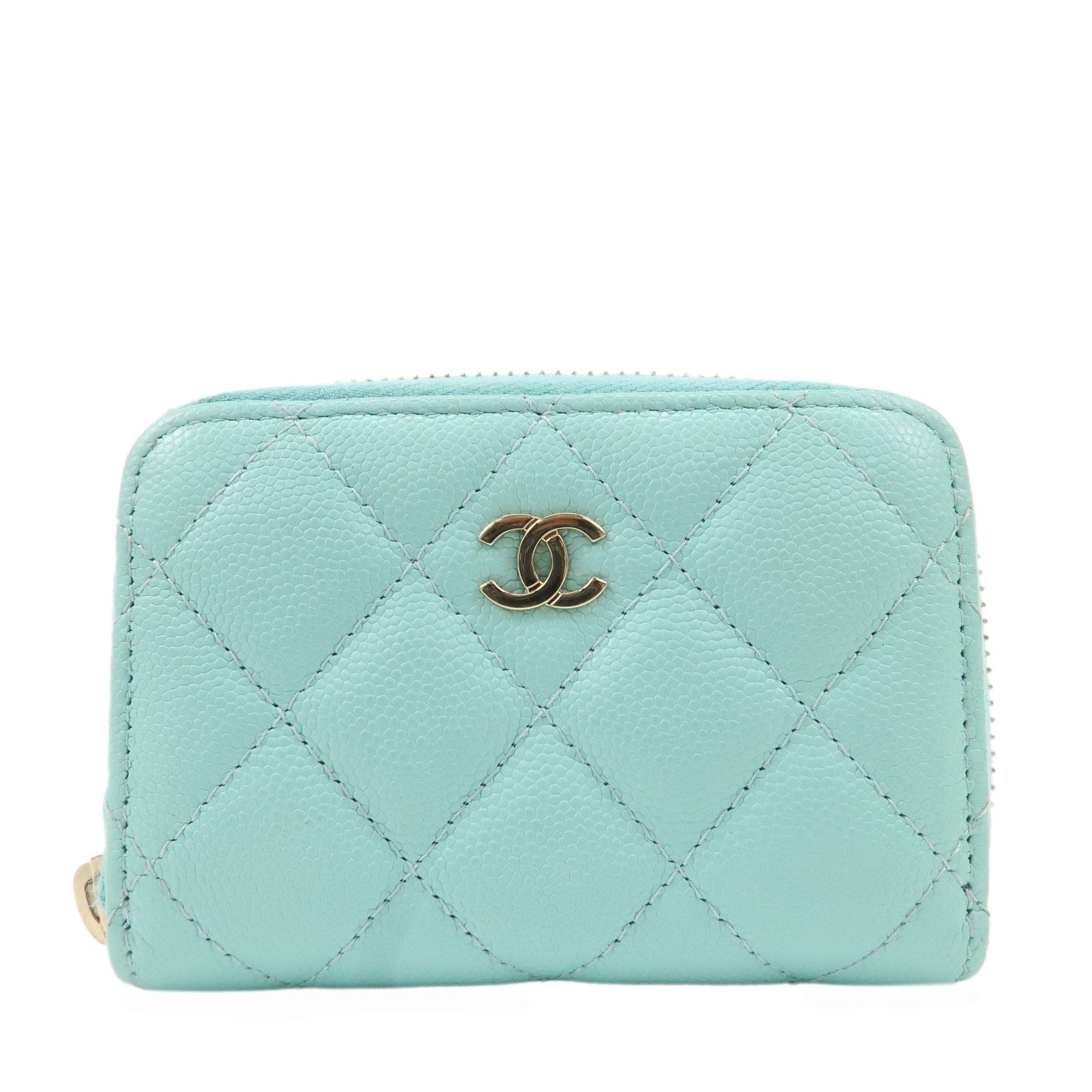 CHANEL-Matelasse-Caviar-Skin-Round-Zipper-Card-Case-Blue