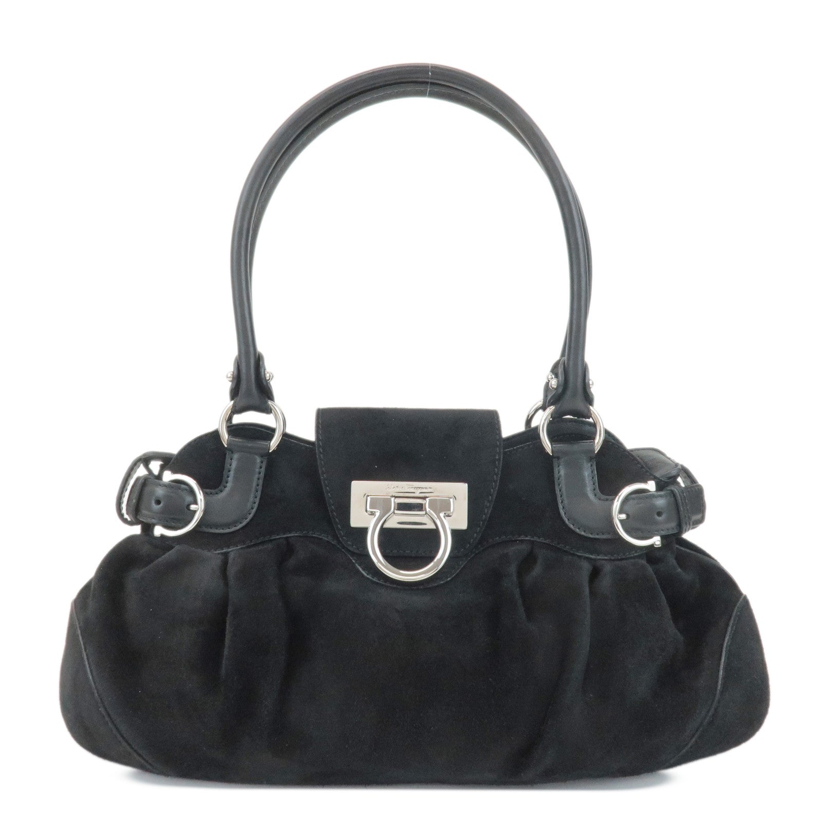 Ferragamo-Gancini-Suede-Leather-Shoulder-Bag-Black-AU-21/6317