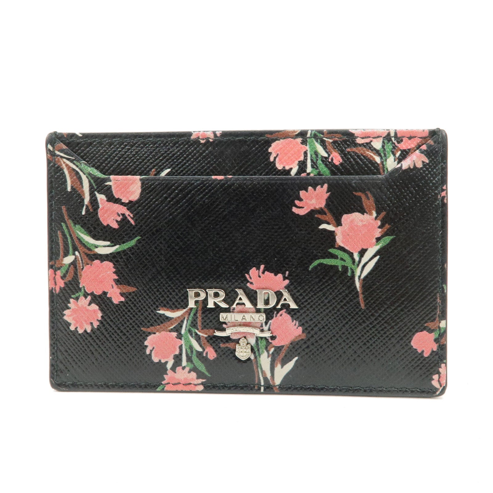 PRADA-Saffiano-Card-Case-Floral-Pattern-Black-Pink-1MC208