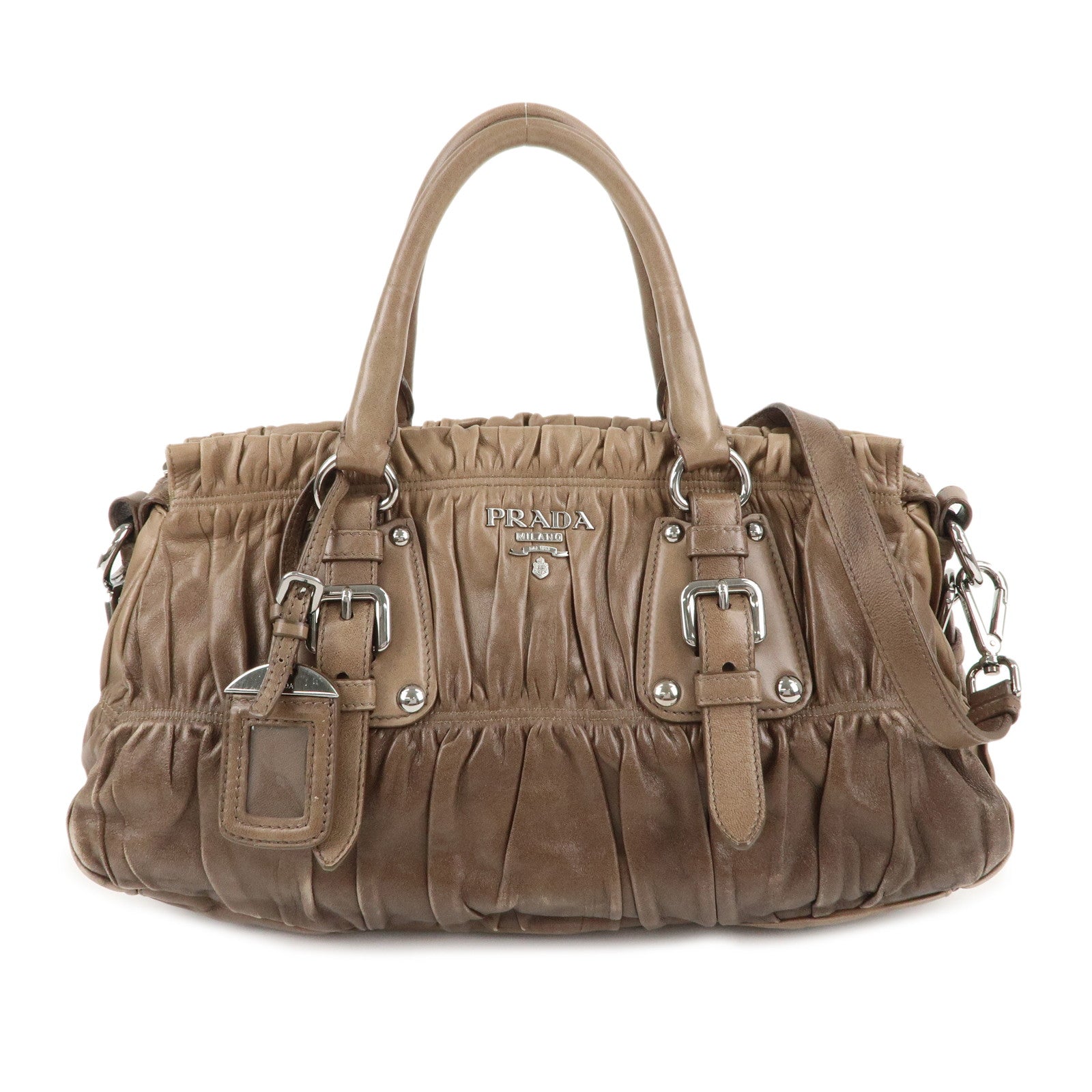 PRADA-Logo-Nylon-Leather-2Way-Shoulder-Bag-Hand-Bag-Brown-BN1407