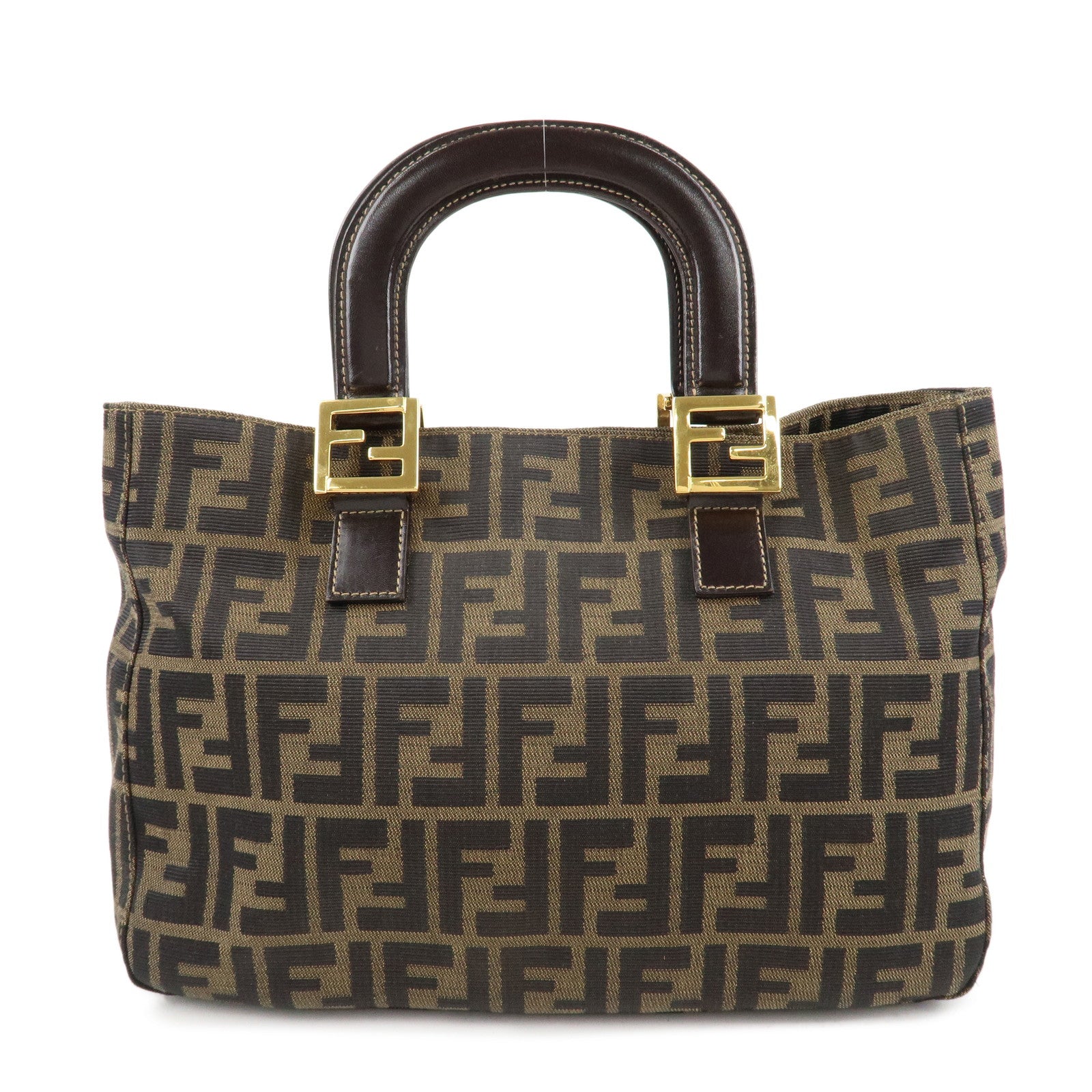 FENDI-Zucca-Canvas-Leather-Tote-Bag-HandBag-Brown-Black-26329