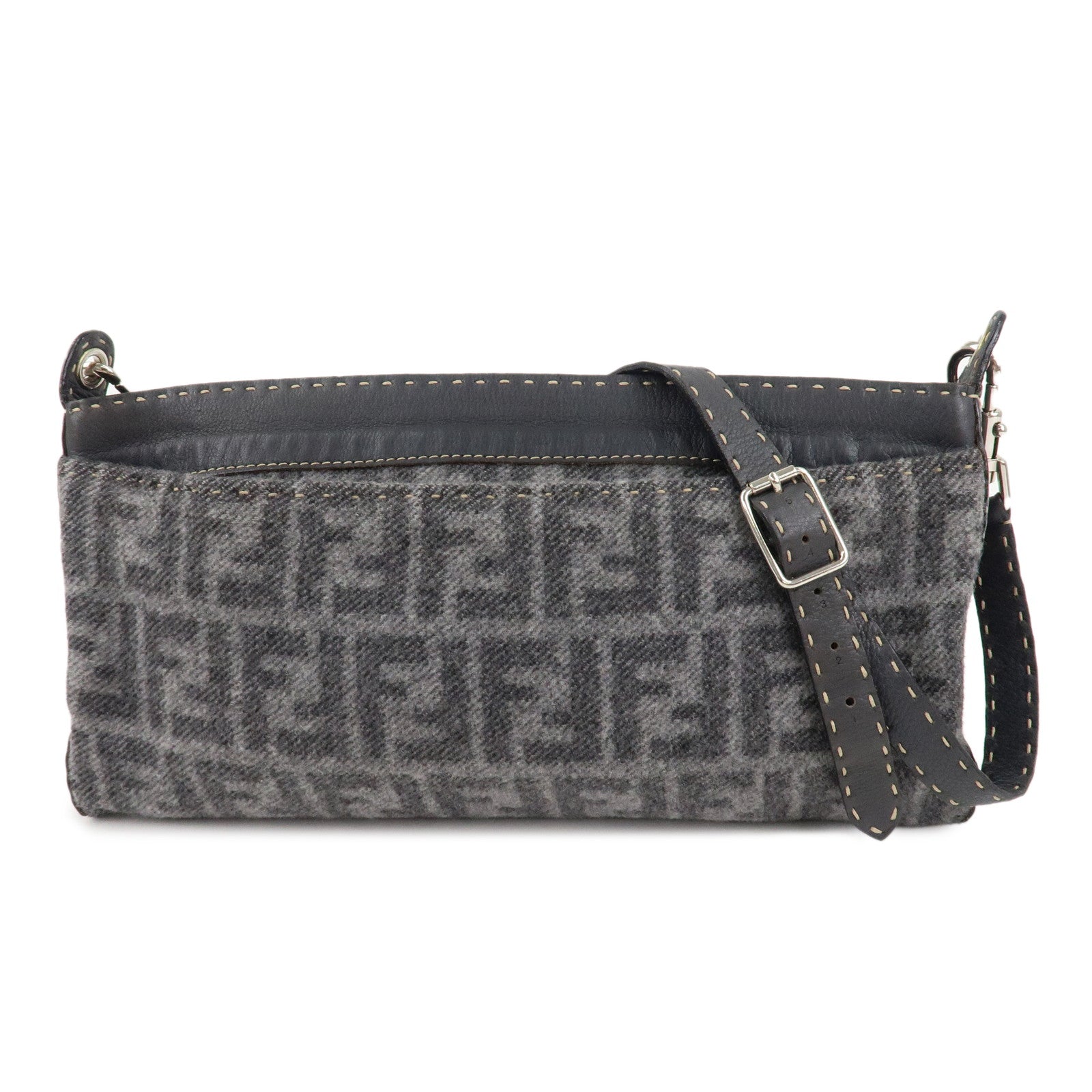 FENDI-Zucca-Selleria-Wool-Shoulder-Bag-Gray-Silver-Hardware