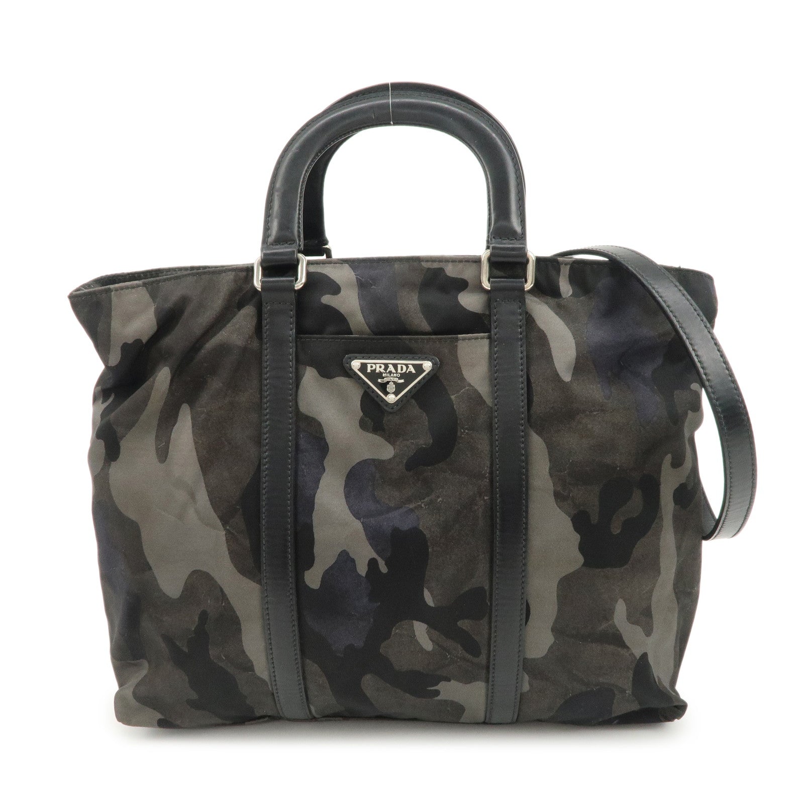 PRADA-Nylon-Leather-2Way-Hand-Bag-Camouflage-Khaki-Black-BN2791