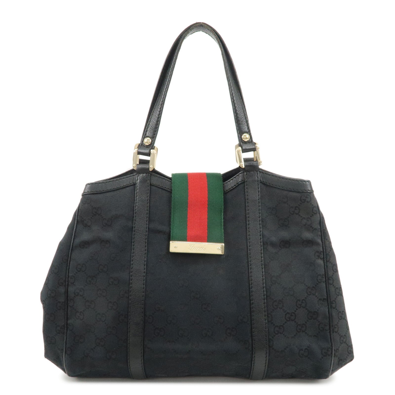 GUCCI-Sherry-GG-Canvas-Leather-Tote-Bag-Shoulder-Bag-Black-233609