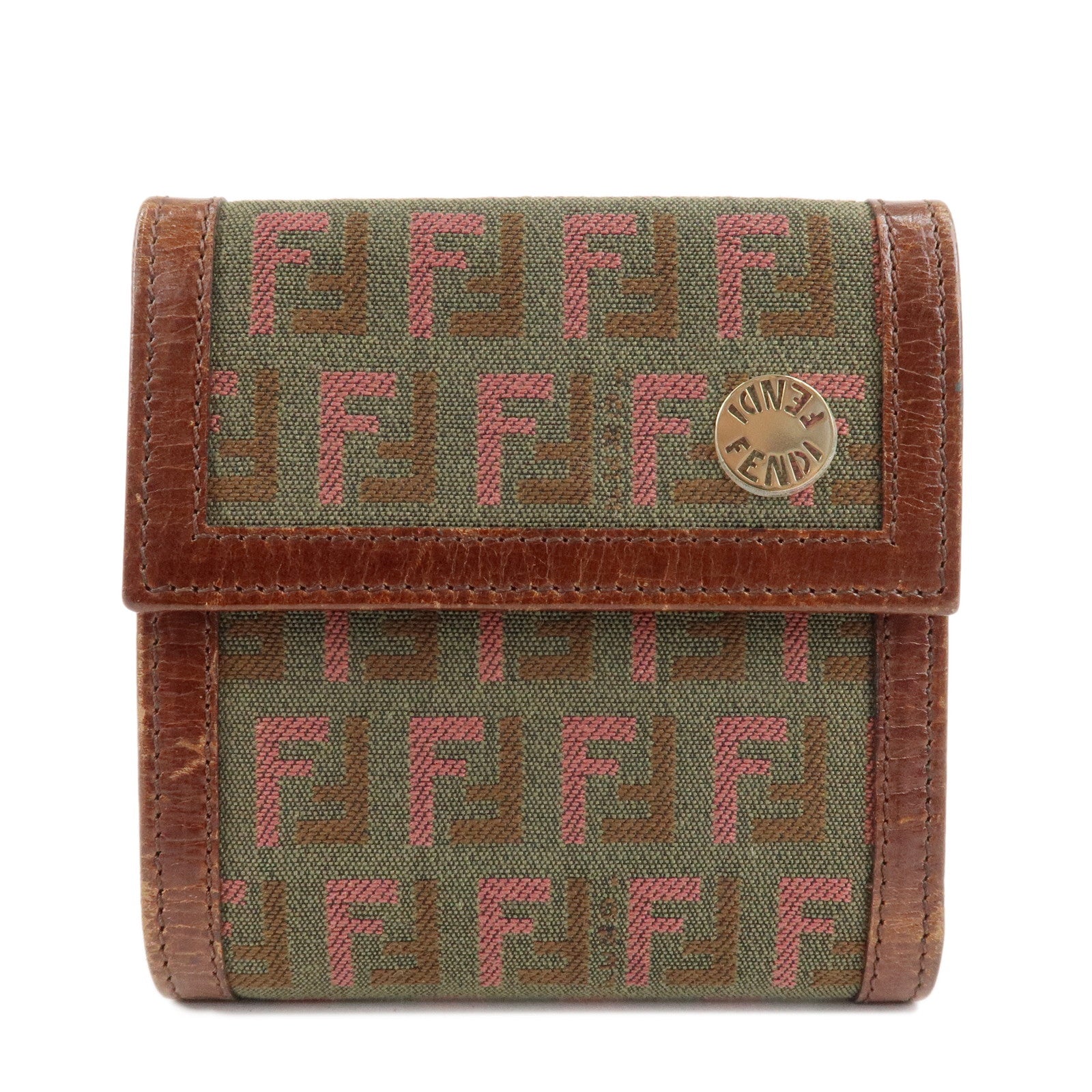 FENDI-Zucchino-Canvas-Leather-Tri-fold-Wallet-Khaki-8M0161