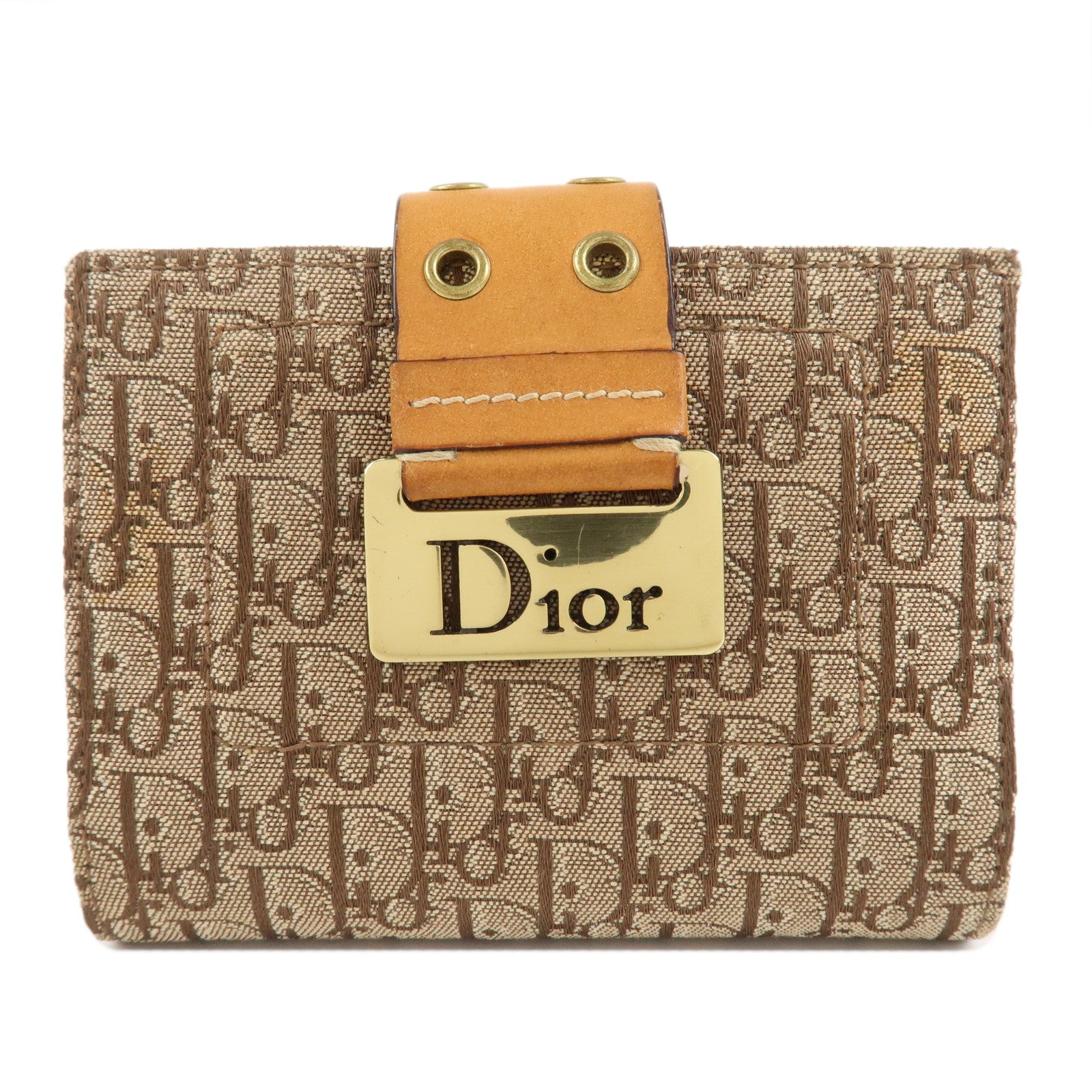 Cristian-Dior-Trotter-Canvas-Leather-Bifold-Card-Case-Beige-Brown