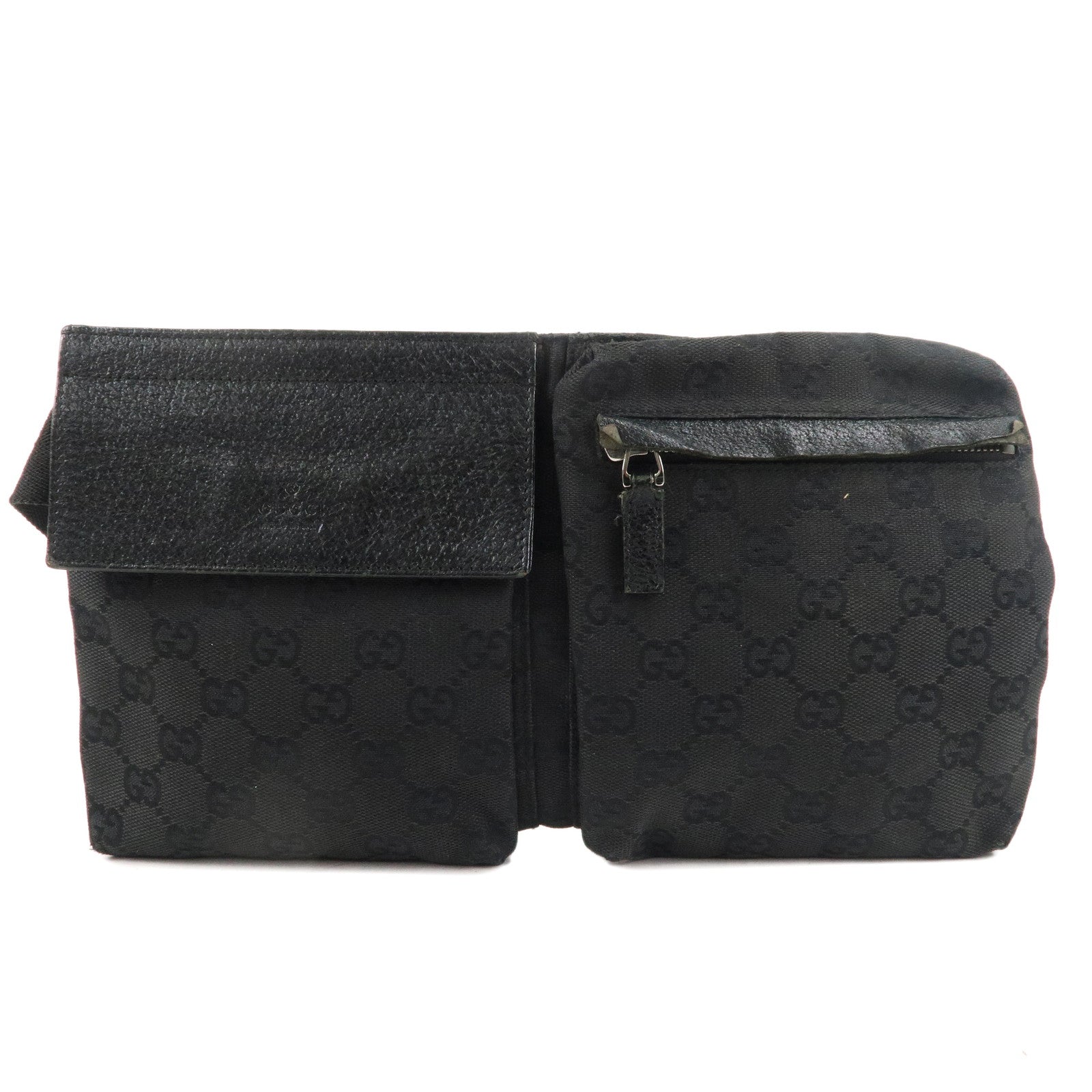 GUCCI-GG-Canvas-Leather-Waist-Bag-Crossbody-Bag-Black-28566