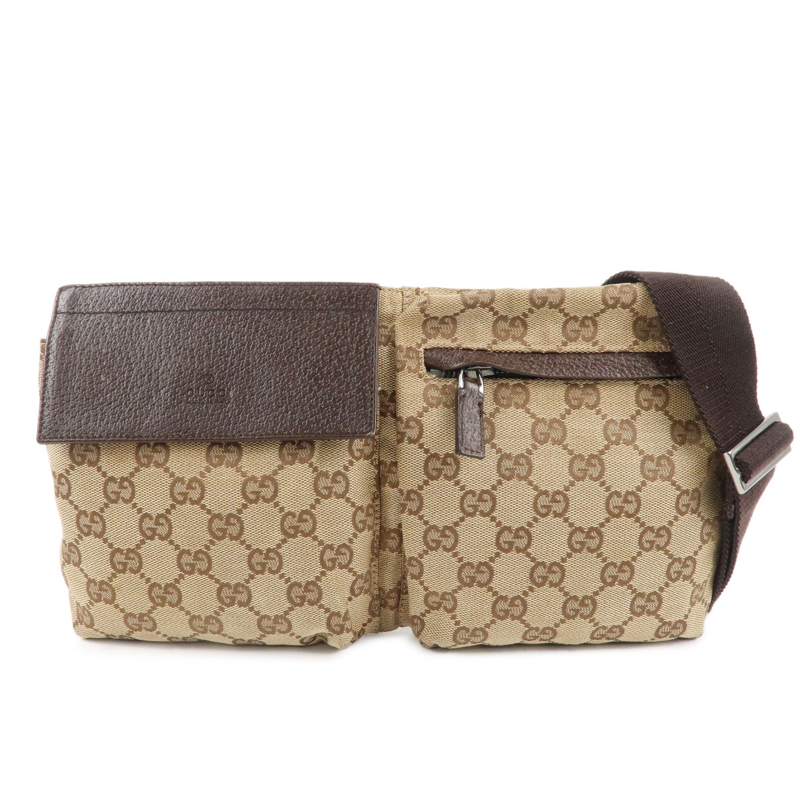 GUCCI-GG-Canvas-Leather-Waist-Bag-Waist-Pouch-Beige-Brown-28566