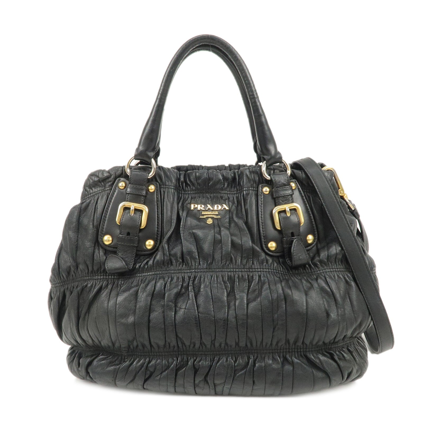 PRADA-Leather-Gathered-2Way-Shoulder-Bag-Hand-Bag-Black-BN1789