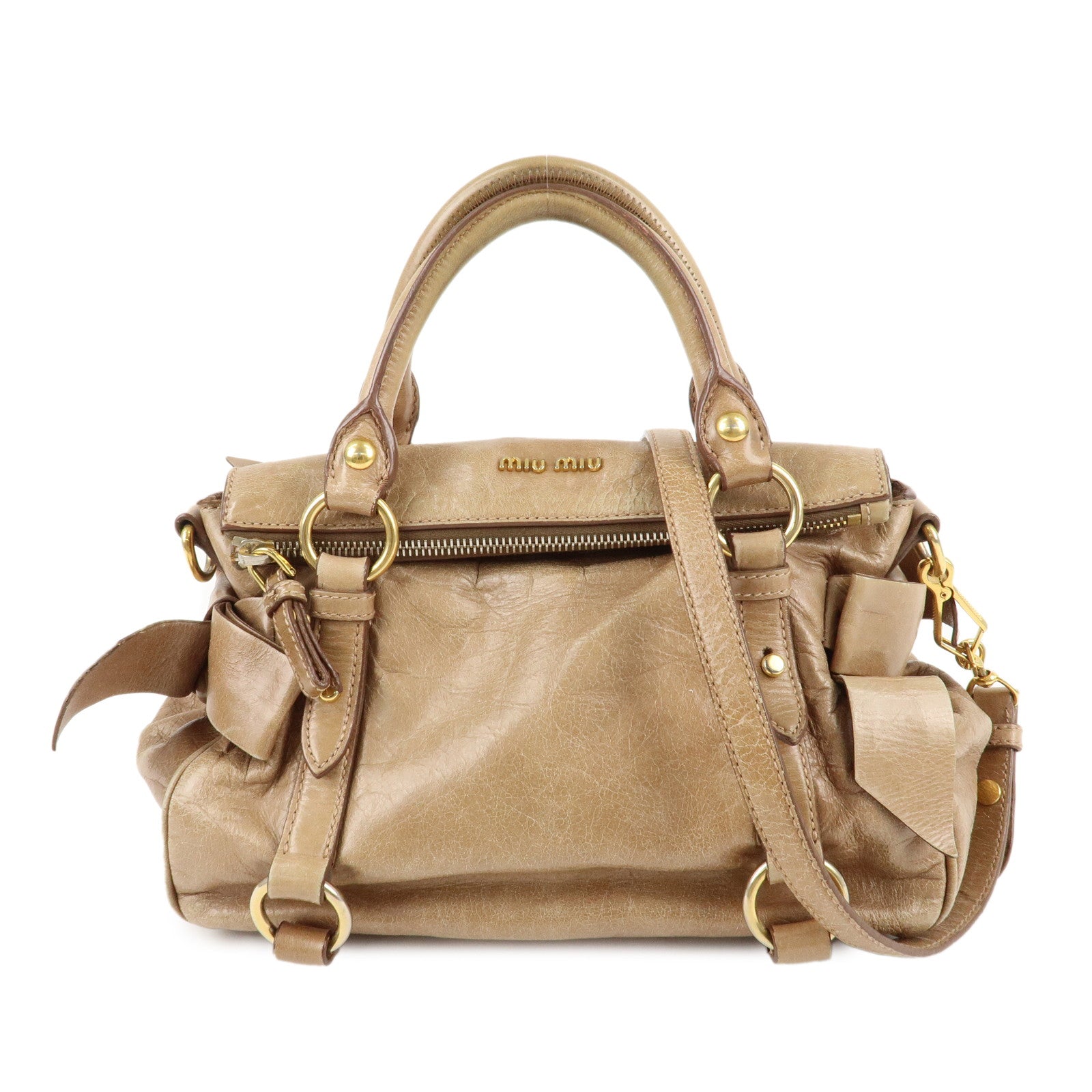 MIU-MIU-Leather-Ribbon-2Way-Shoulder-Hand-Bag-Beige