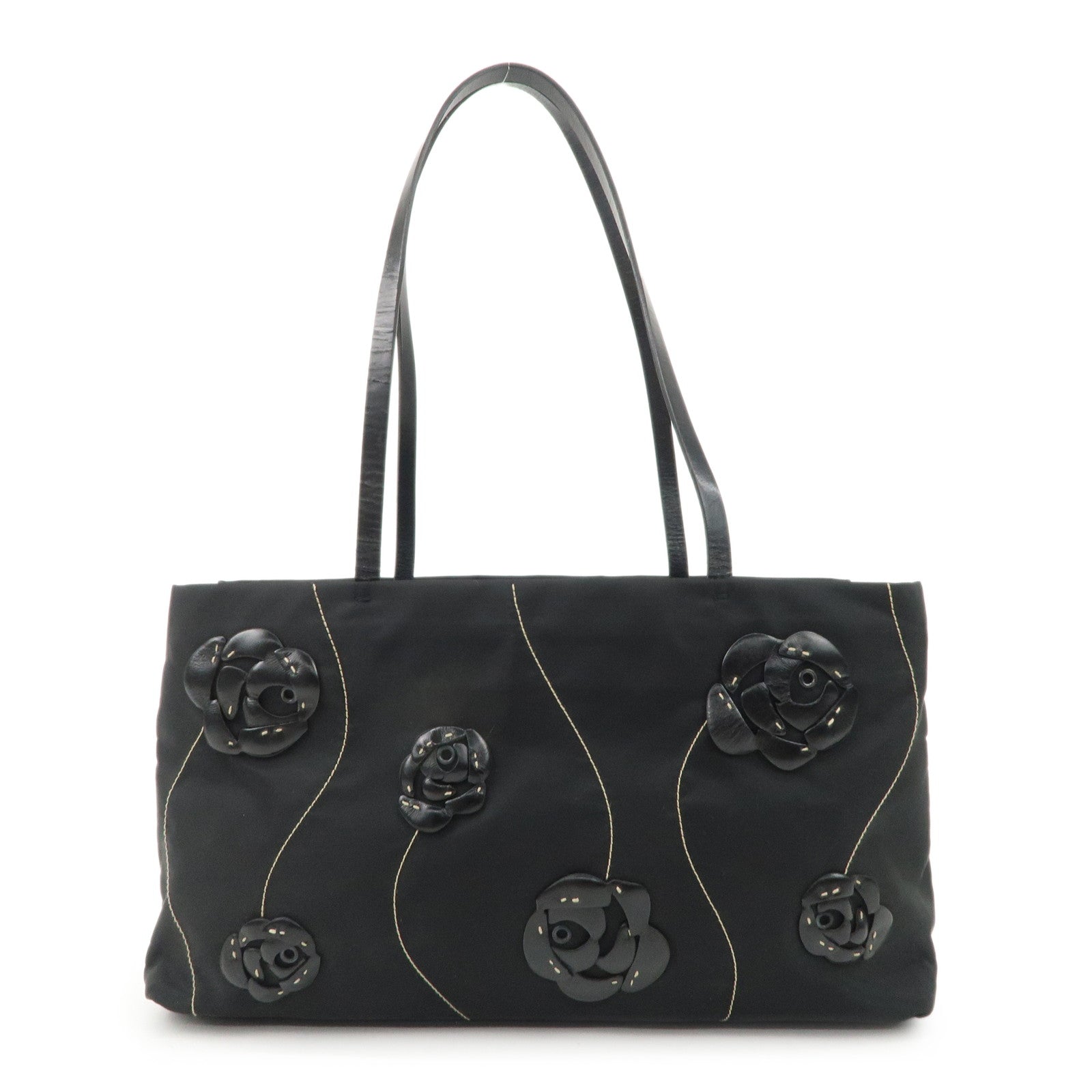 PRADA-Traiangle-Logo-Nylon-Leather-Flower-Tote-Bag-Black-B11033