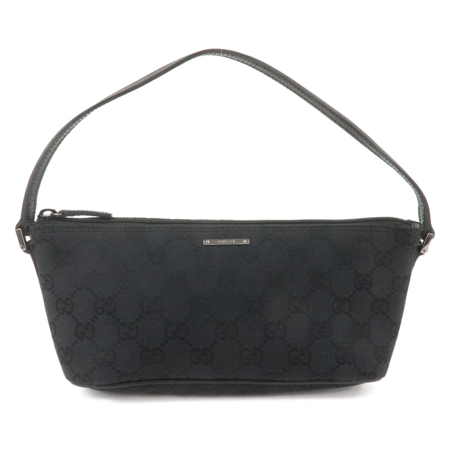 GUCCI-GG-Canvas-Leather-Boat-Bag-Hand-Bag-Pouch-Black-7198