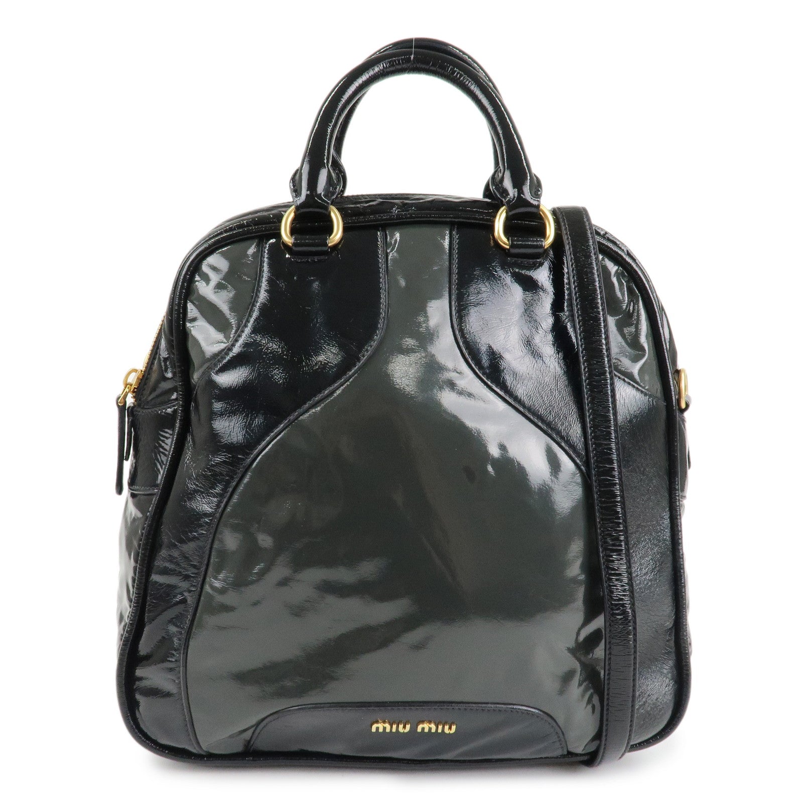 MIU-MIU-Patent-Leather-Enamel-2Way-Boston-Bag-Black-Gray