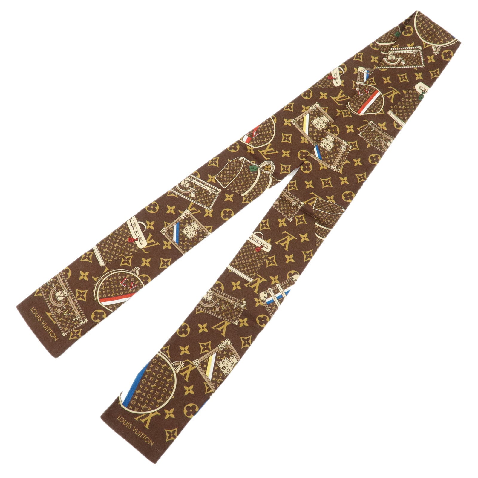 Louis-Vuitton-100%-Silk-Bandeau-Monogram-Trunks-Scarf-Brown-M72395