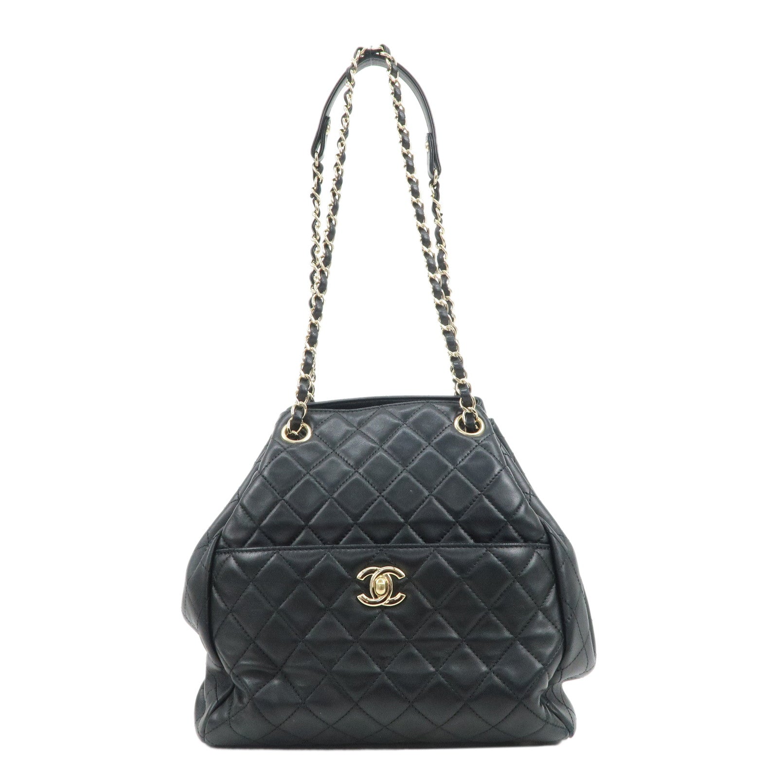 CHANEL-Matelasse-Lamb-Skin-Chain-Shoulder-Bag-Black