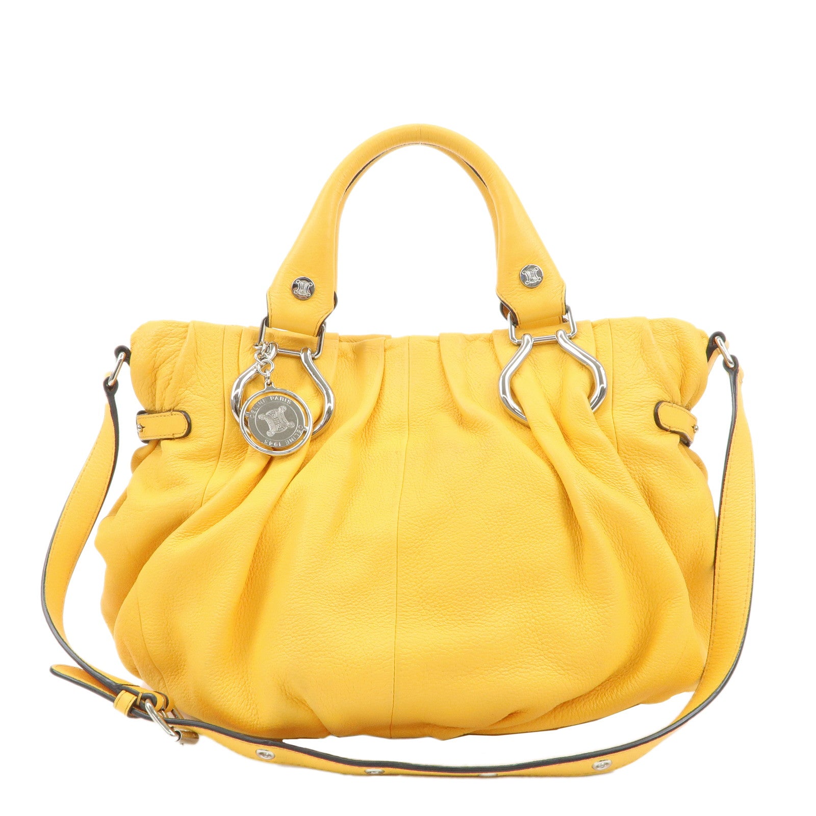 CELINE-Leather-2way-Pillow-Bag-Shoulder-Bag-Hand-Bag-Yellow