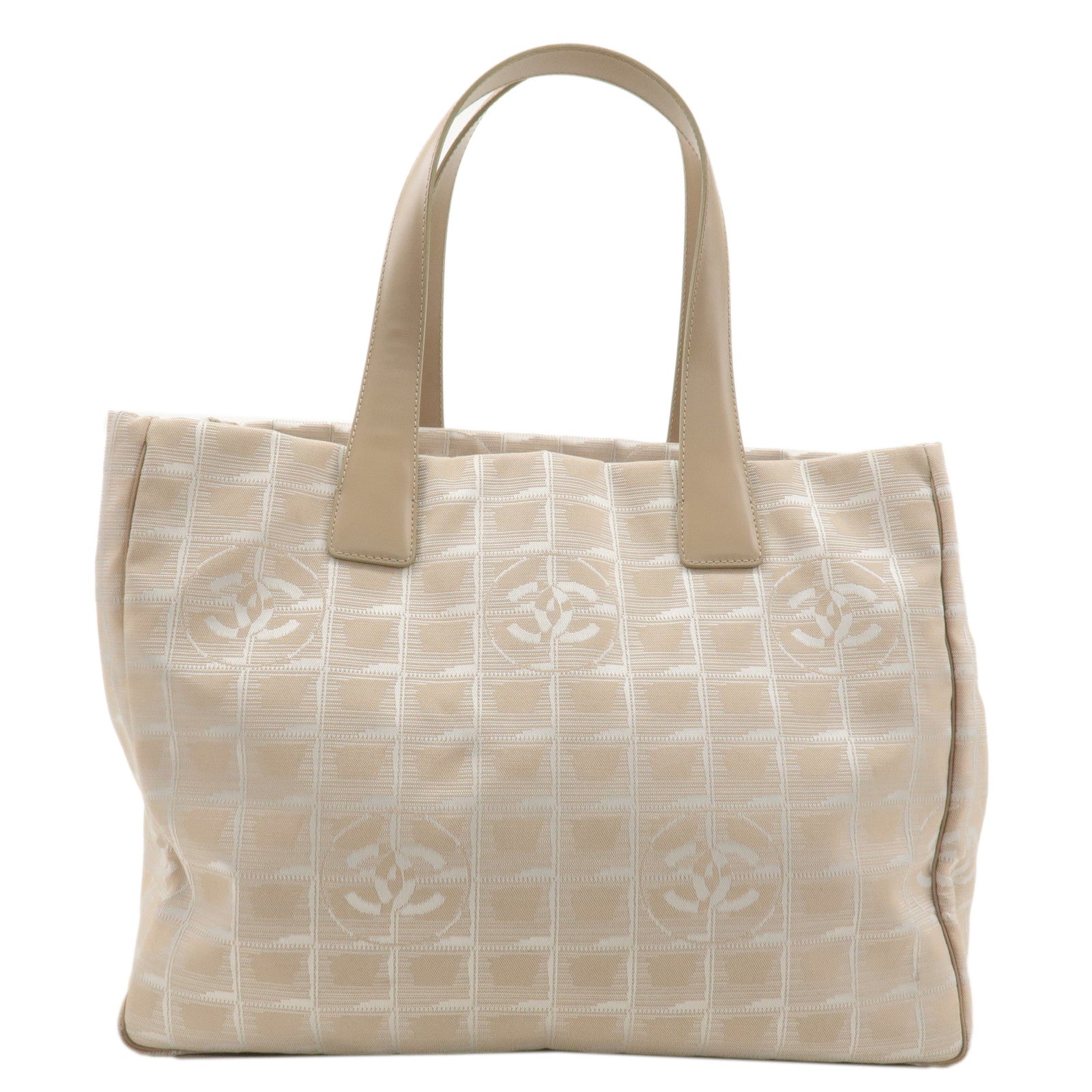 CHANEL-Travel-Line-Nylon-Jacquard-Leather-Tote-MM-Bag-Beige-A15991