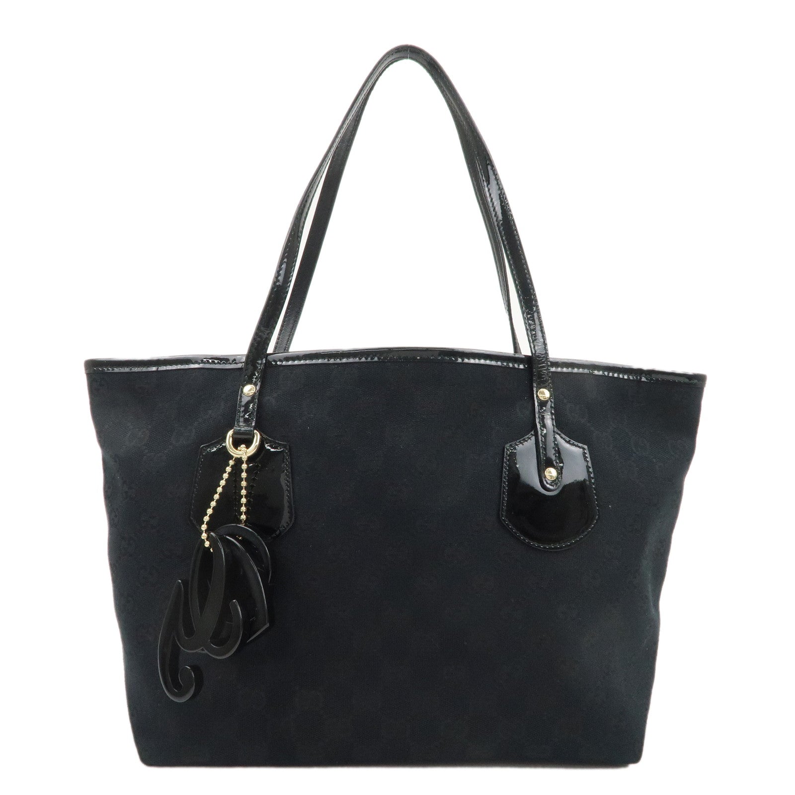 GUCCI-GG-Canvas-Patent-Leather-Tote-Bag-Hand-Bag-Black-211976