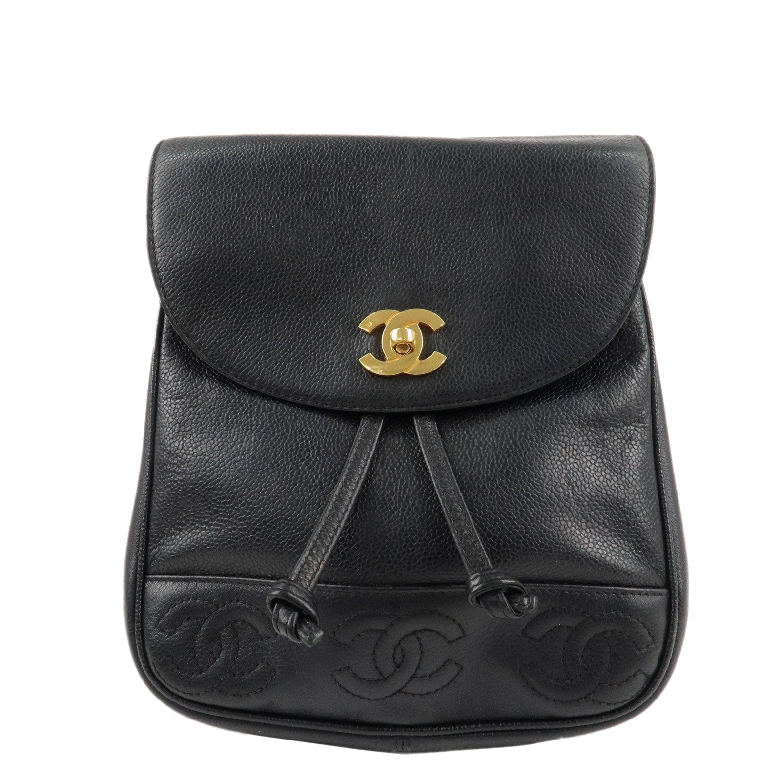 CHANEL-Caviar-Skin-Triple-Coco-Ruck-Sack-Back-Pack-Black-Gold-HDW