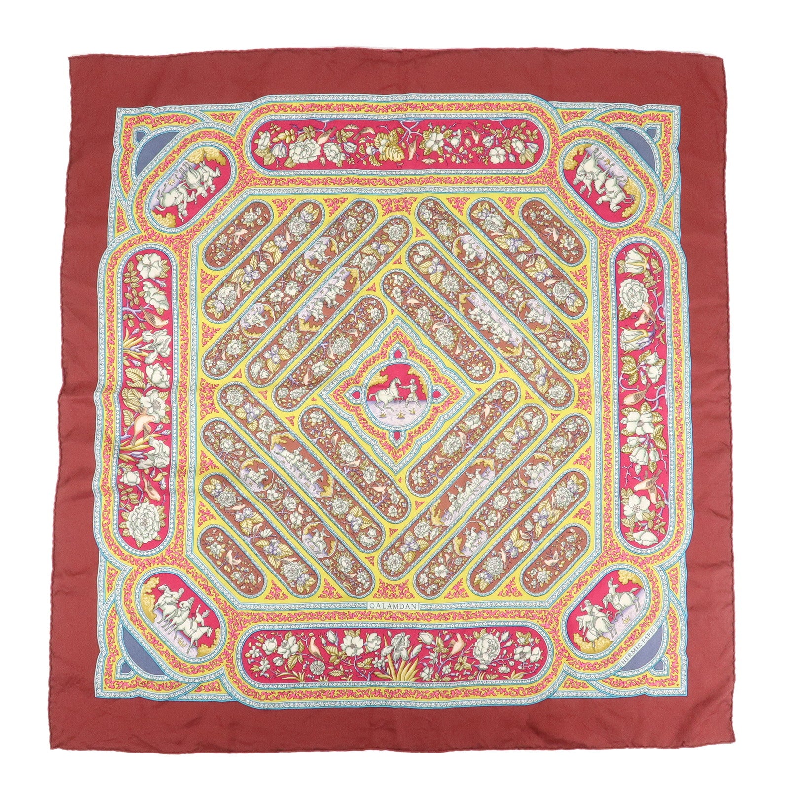 HERMES-Silk-100%-Carre-90-Scarf-QALAMDAN-Bordeaux-Multicolor