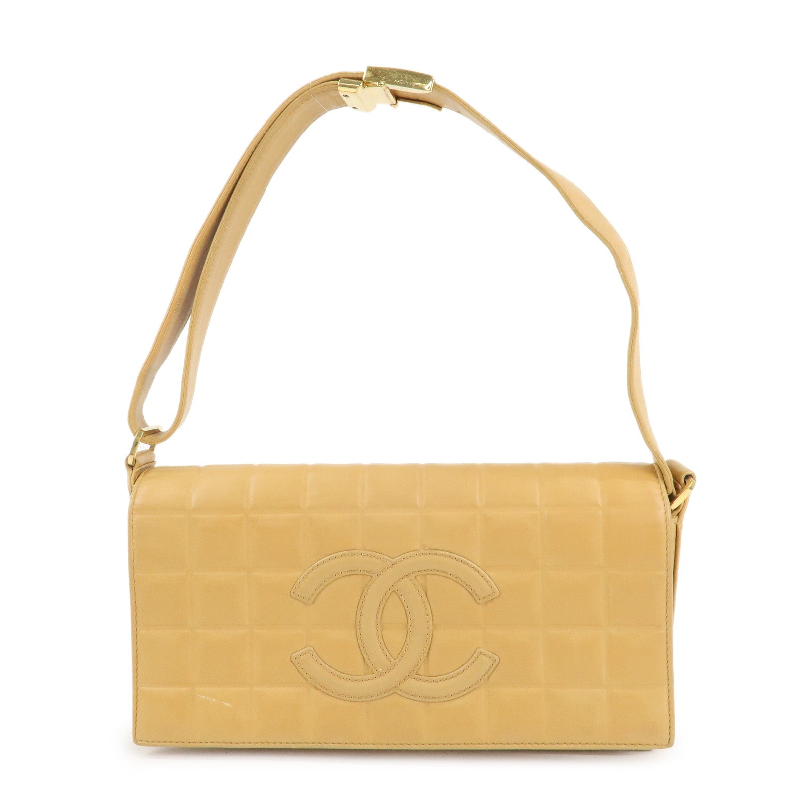 CHANEL-COCO-Mark-Chocolate-Bar-Lamb-Skin-Shoulder-Bag-Beige