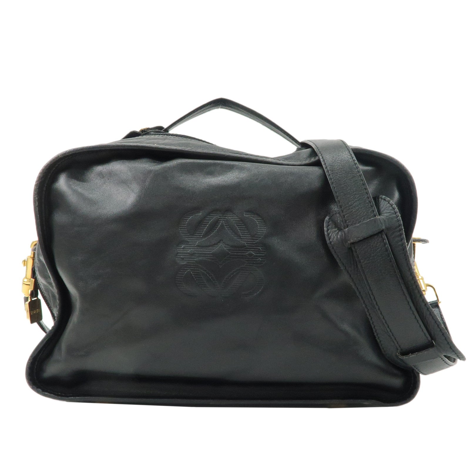 LOEWE-Anagram-Leather-2Way-Bag-Boston-Bag-Shoulder-Bag-Black