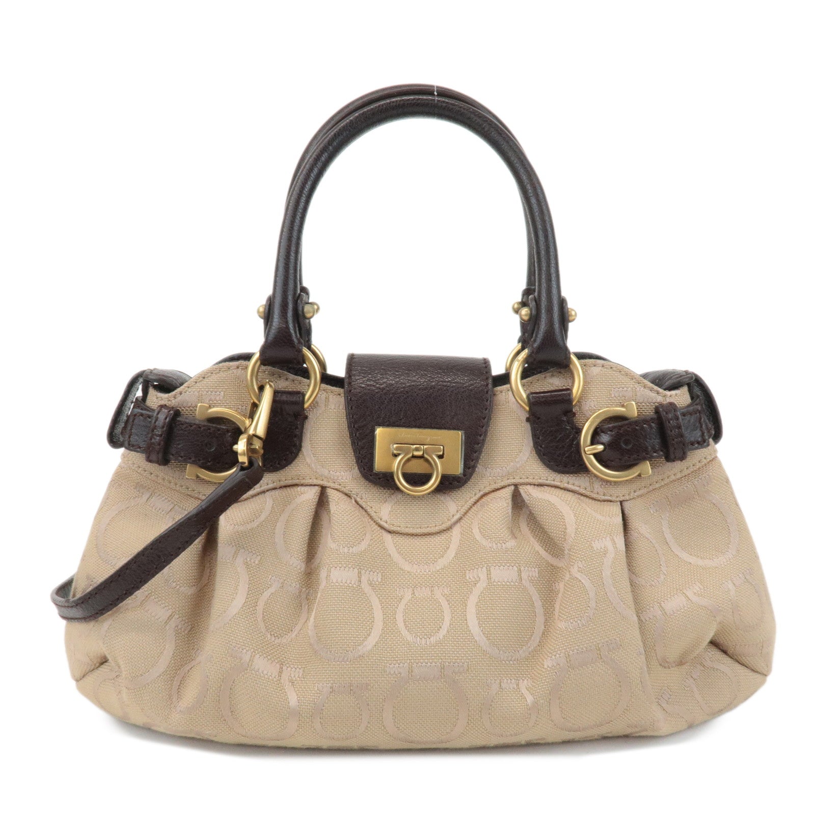 Ferragamo-Gancini-Canvas-Leather-2Way-Bag-Beige-Dark-Brown